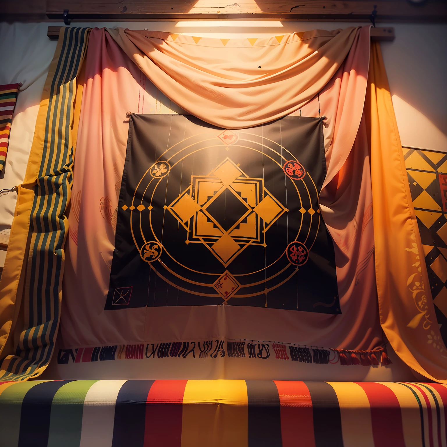 A raw photo of Adinkra (symbol), draw big on a ((cloth)), spread wide on a vertical wall, Adinkra symbol from ((Ghana)), luminous design, pastel colours, ink drips, autumn lights, indoor, studio lights.