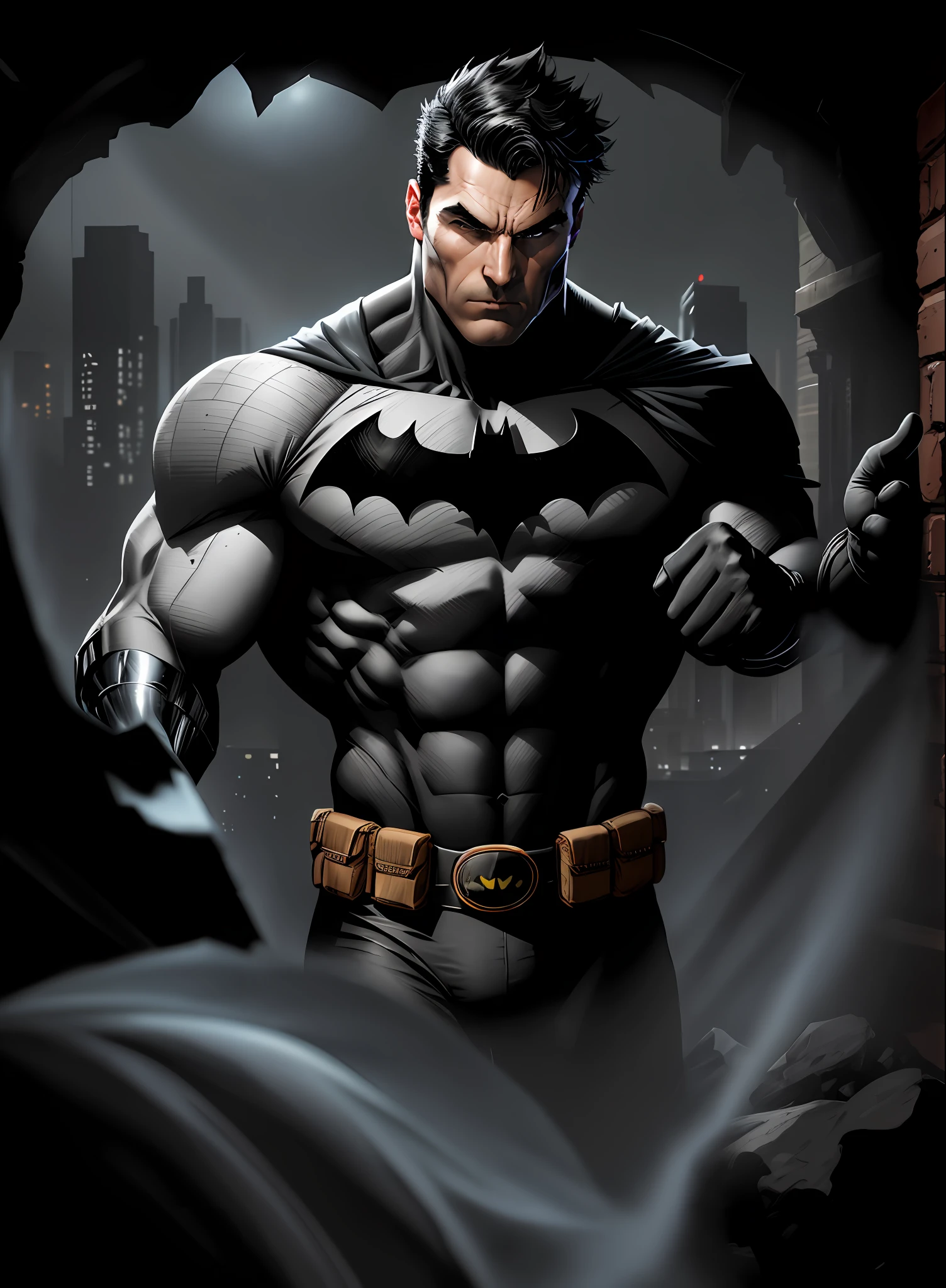 1 man, solo, me as Batman, tall, hunk, muscular, bulk, wide shoulder, photorealism, dark dirty grey suit, dark grey arms, ((no mask)), mask off, black hair, black gloves, best quality, masterpiece, high resolution:1.2, black cape, high detailed mask, high detailed suit, high detailed face, award winning, night time, a dark cave in the background, indoors