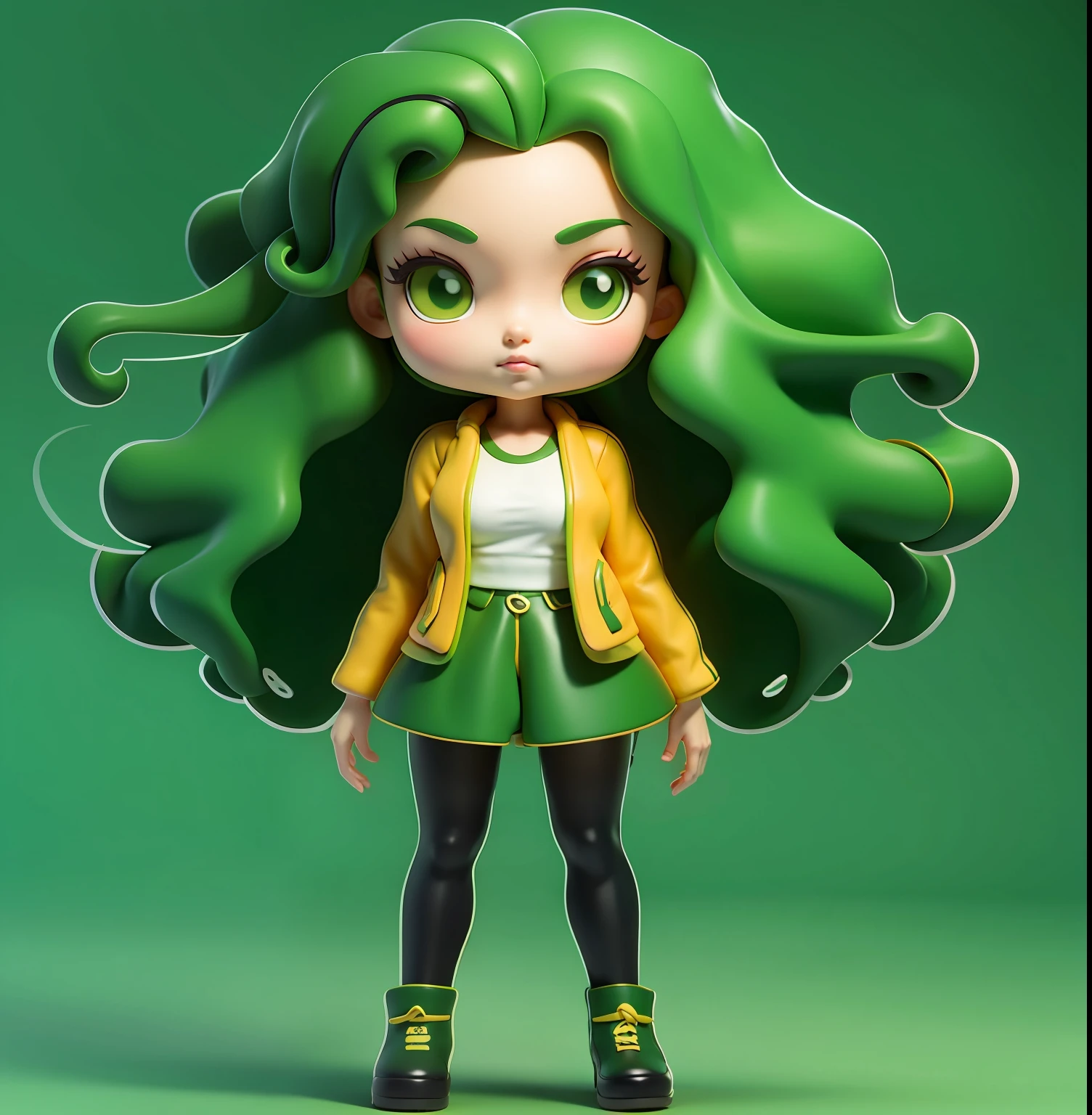 A cartoon girl with long hair and a jacket, Green curly haired girl, Blackn clothes