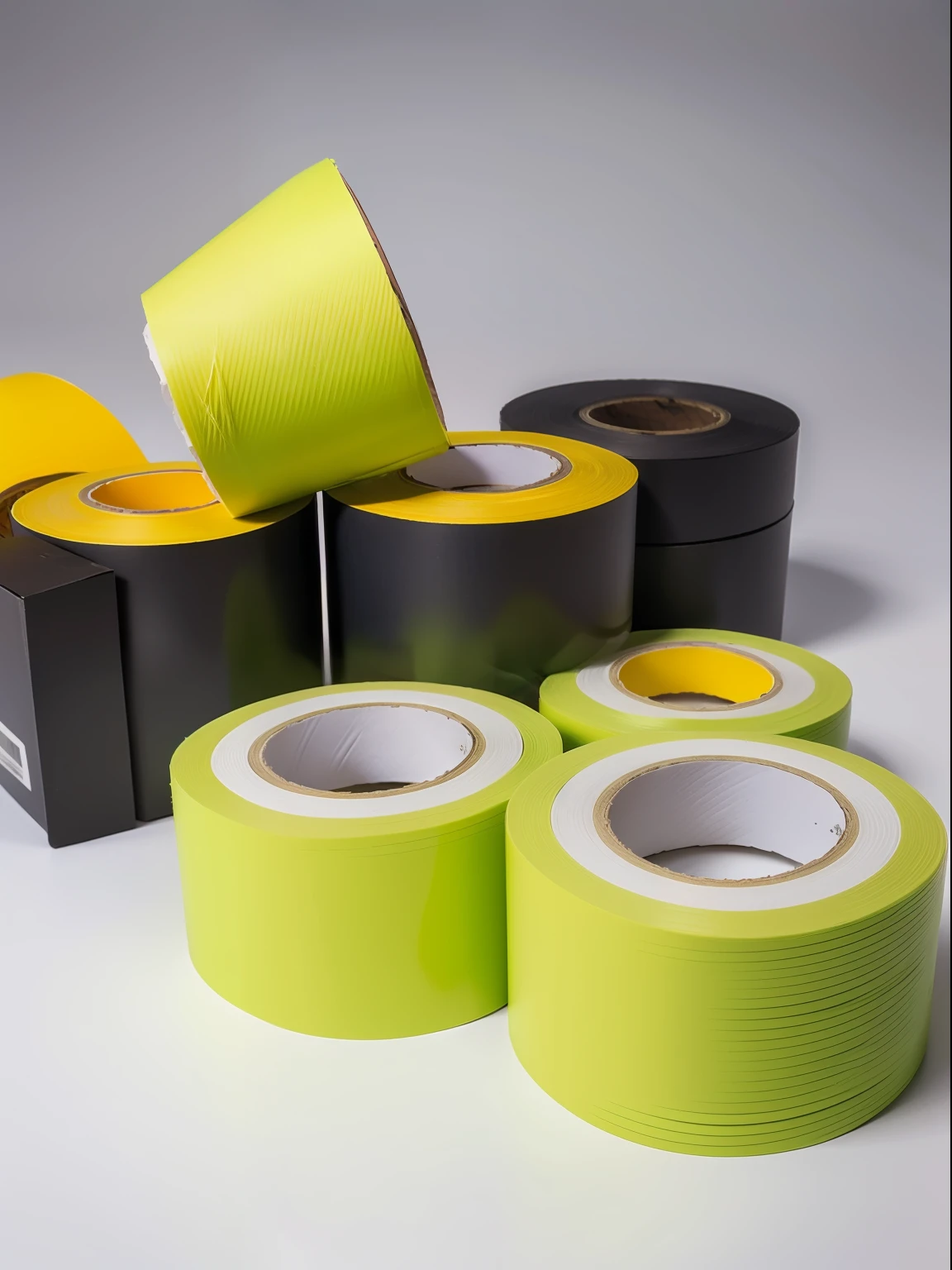 Product description page for cloth tape,5 rolls stacked on top of each other,The surface of the tape has a slightly grainy feel,red colour,amarelo,greys,Green,black in color,Industrial packaging materials,solid,k hd,rendering,neat,Advertising design