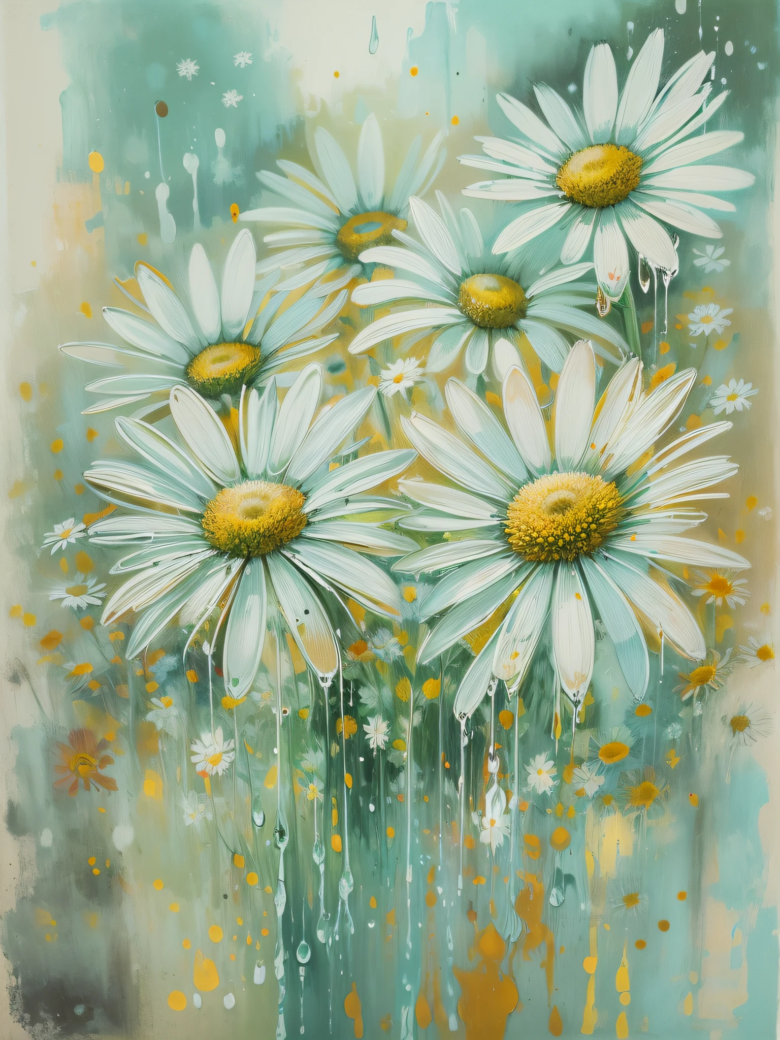 (Best Quality), (((Painting depicting daisies))), ((Luminous design)) , ((pastel colours)),((ink drips)),(autumn lights :0.8)