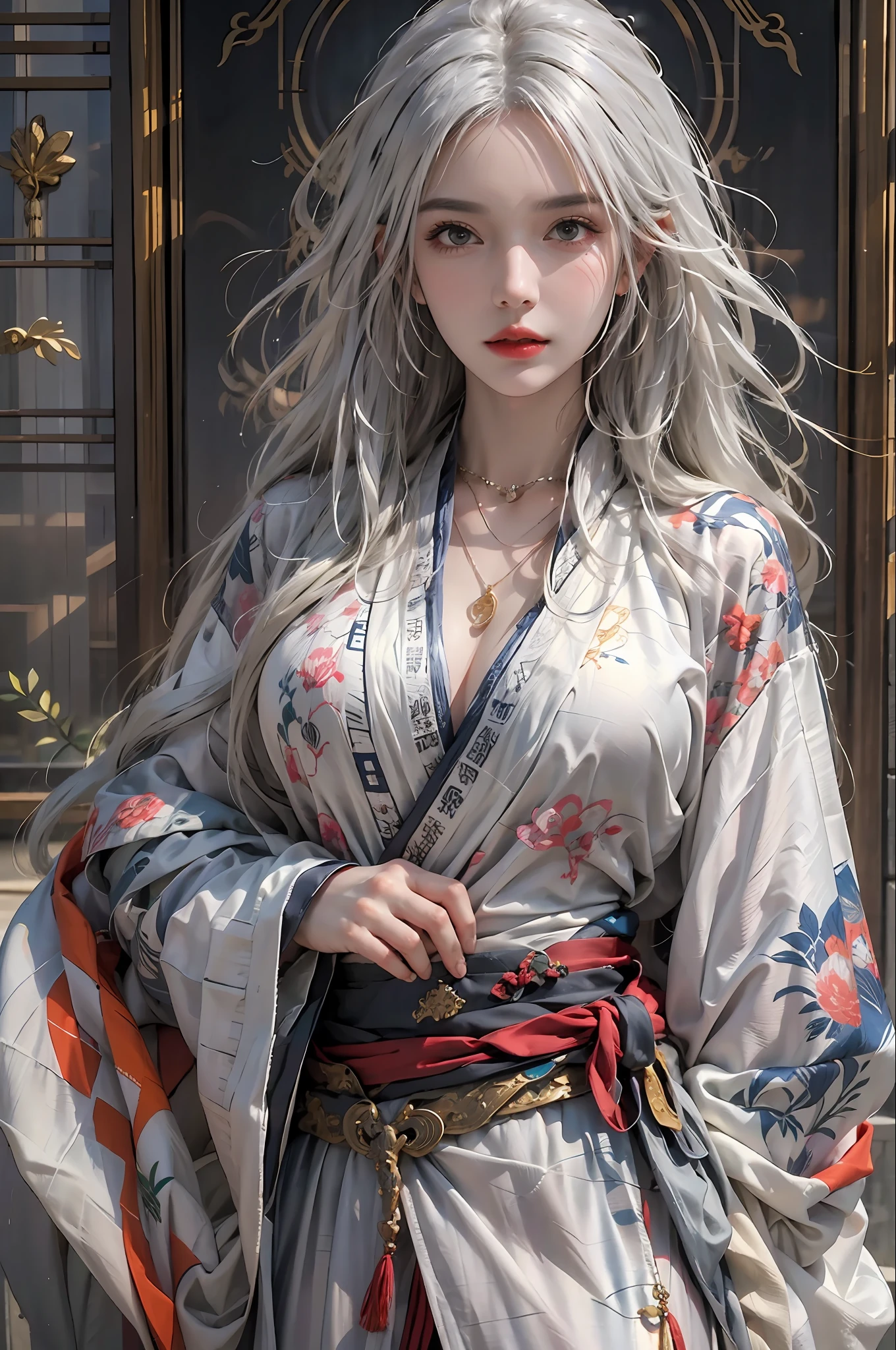 photorealistic, high resolution, 1women, solo, hips up, look at viewer, (detailed face), white hair, long hair, colorful Taoist robe,oversized clothes, midjourney portrait, jewelry