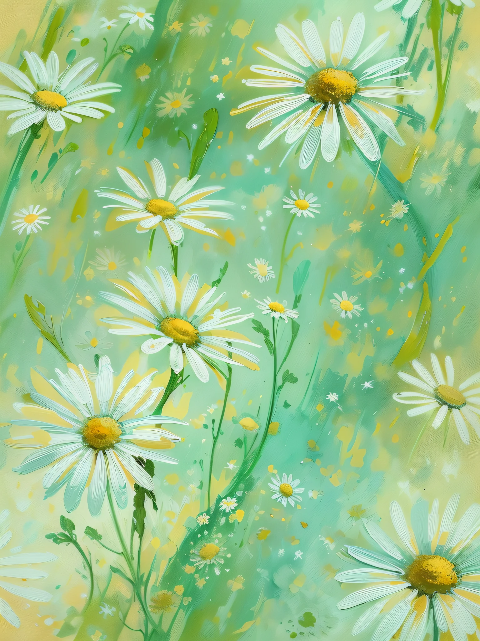 (Best Quality), (((Painting depicting daisies))), ((Luminous design)) , ((pastel colours)),((ink drips)),(autumn lights :0.8)