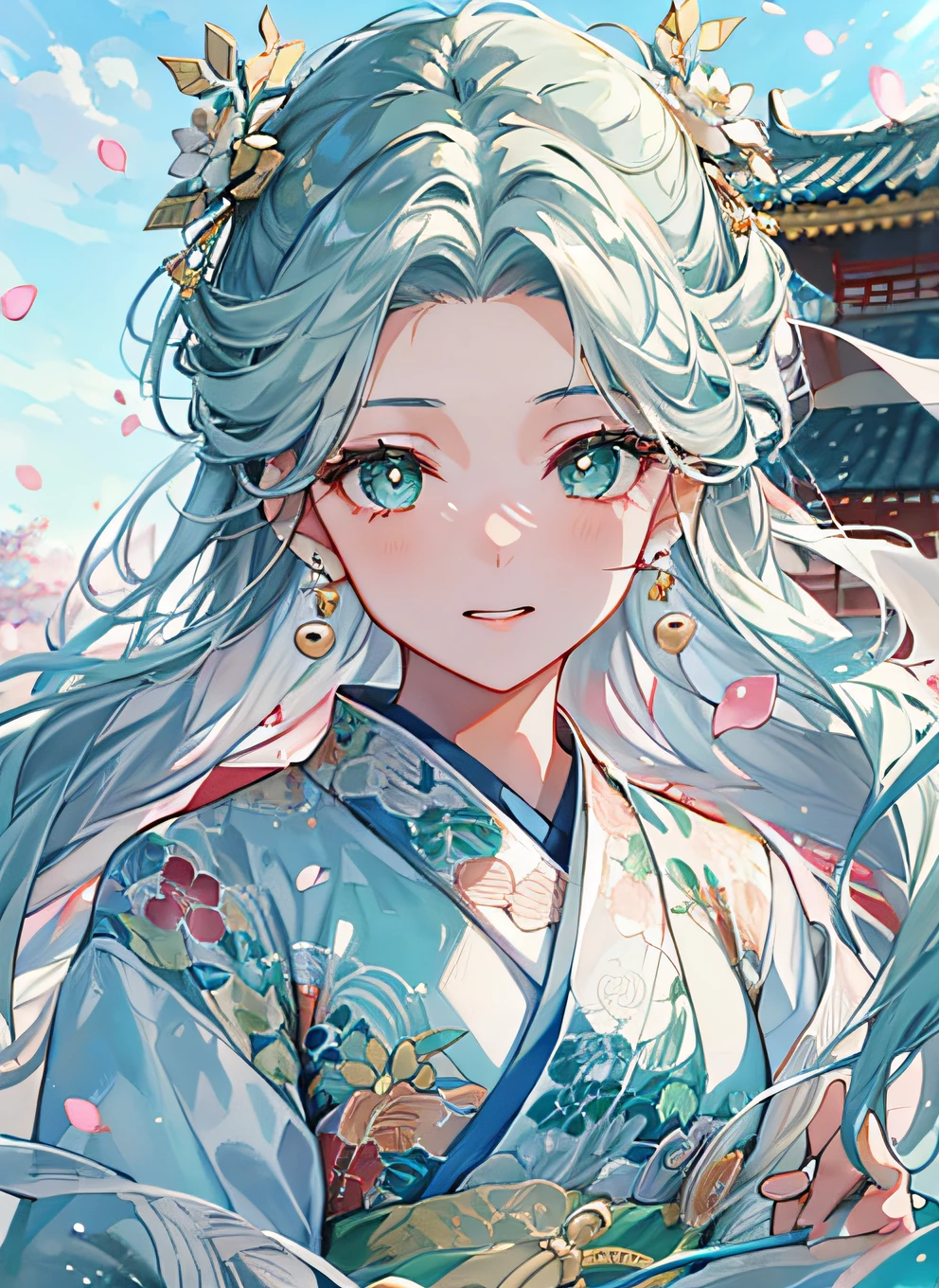 Mature girl , green pupils, blue-white hair color, floating hair, delicate and flexible eyes, intricate damask Hanfu, gorgeous accessories, wearing pearl earrings, fov, f/1.8, masterpiece, ancient Chinese style architecture, blue sky, flower petals flying, front portrait shot, Chang'e, side lighting, sunlight on people, 8K