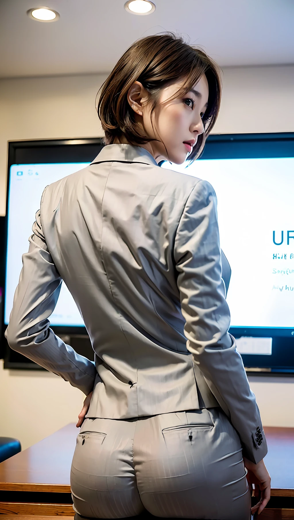 (Best quality, 8k, 32k, Masterpiece, UHD:1.2), 1girl, beautiy Japanese woman, narrow waist, grey suit, white shirt, office lady, suit, pants, ???????????, office room, desk,  (stick out one's ????????:1.2), detailed face, short hair,