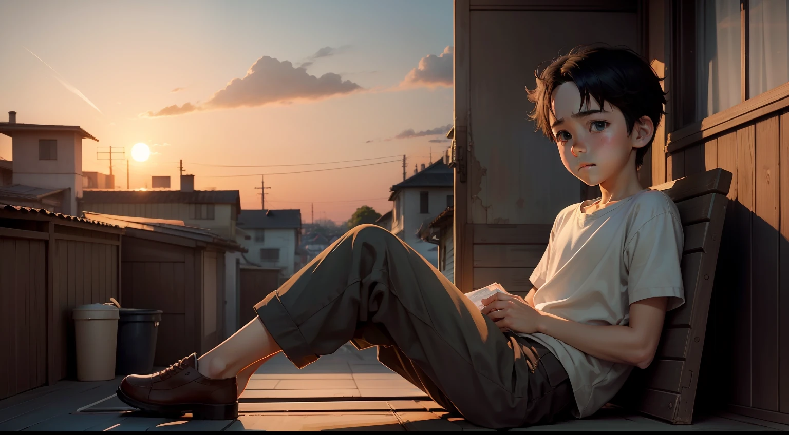 A boy with,His face was full of sadness,largeeyes,adolable,Full body photo,Sit on the roof and watch the sunset,Soft lighting,in style of ghibli