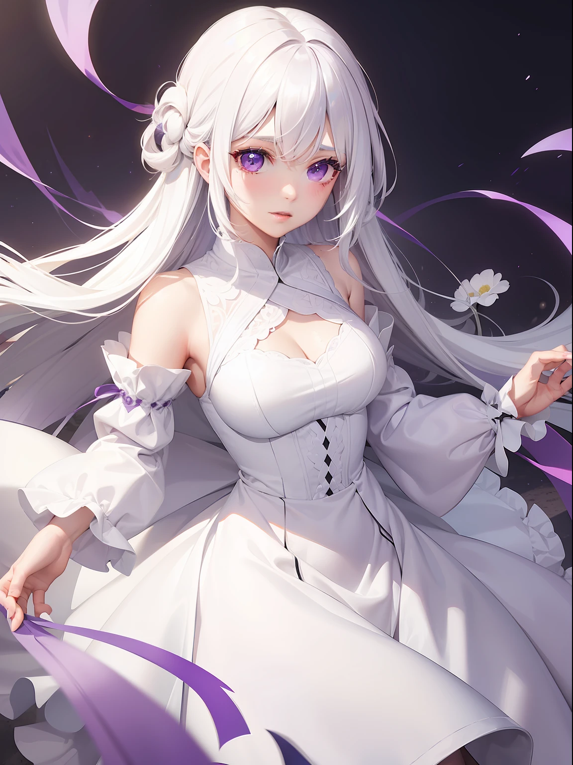 a women, white hair, purple eyes, white dress