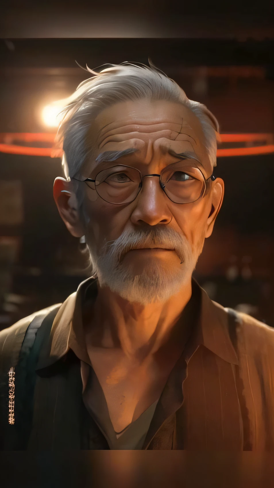 An old man with glasses and a beard looks into the camera, akihiko yoshida. illusory engine, cyberpunk old man, Rendu portrait 8k, 8K highly detailed face, close up character, cinematic realistic portrait, Personagem pequeno. Unreal Engine 5, shinkiro toshiaki mori, a old man, Tetsuo Hara