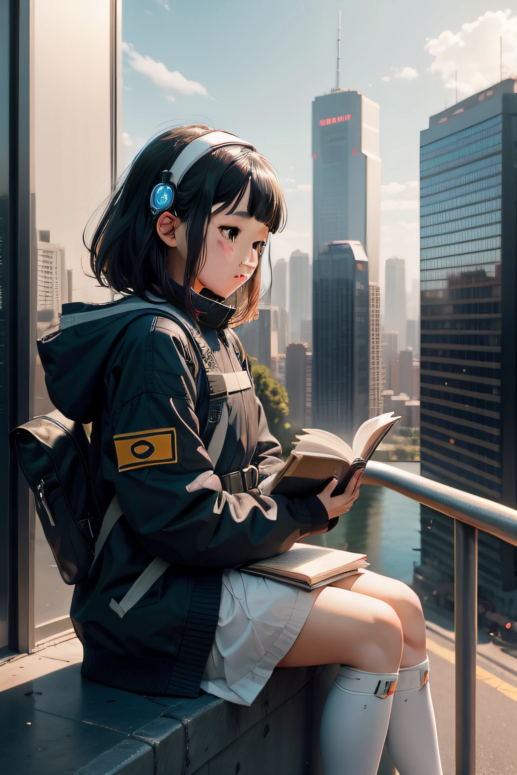 The girl and the AI robot act as a bridge between two different worlds. They share the knowledge and virtues they have gained in their respective worlds, and they are the protagonists of the story of spreading hope to all.  Mina, a Korean girl, is 12 years old.  He is depicted sitting in the city reading a book. You can see modern buildings and cars in the vicinity.