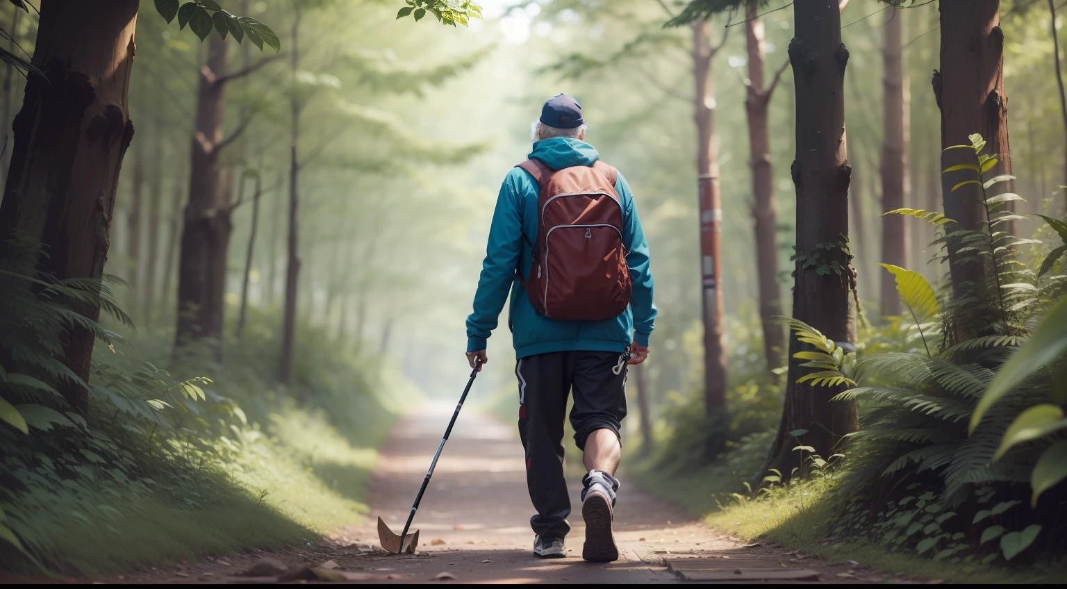 homem velho caminhando sozinho em uma passagem da floresta, He uses a crutch and has his back to the camera