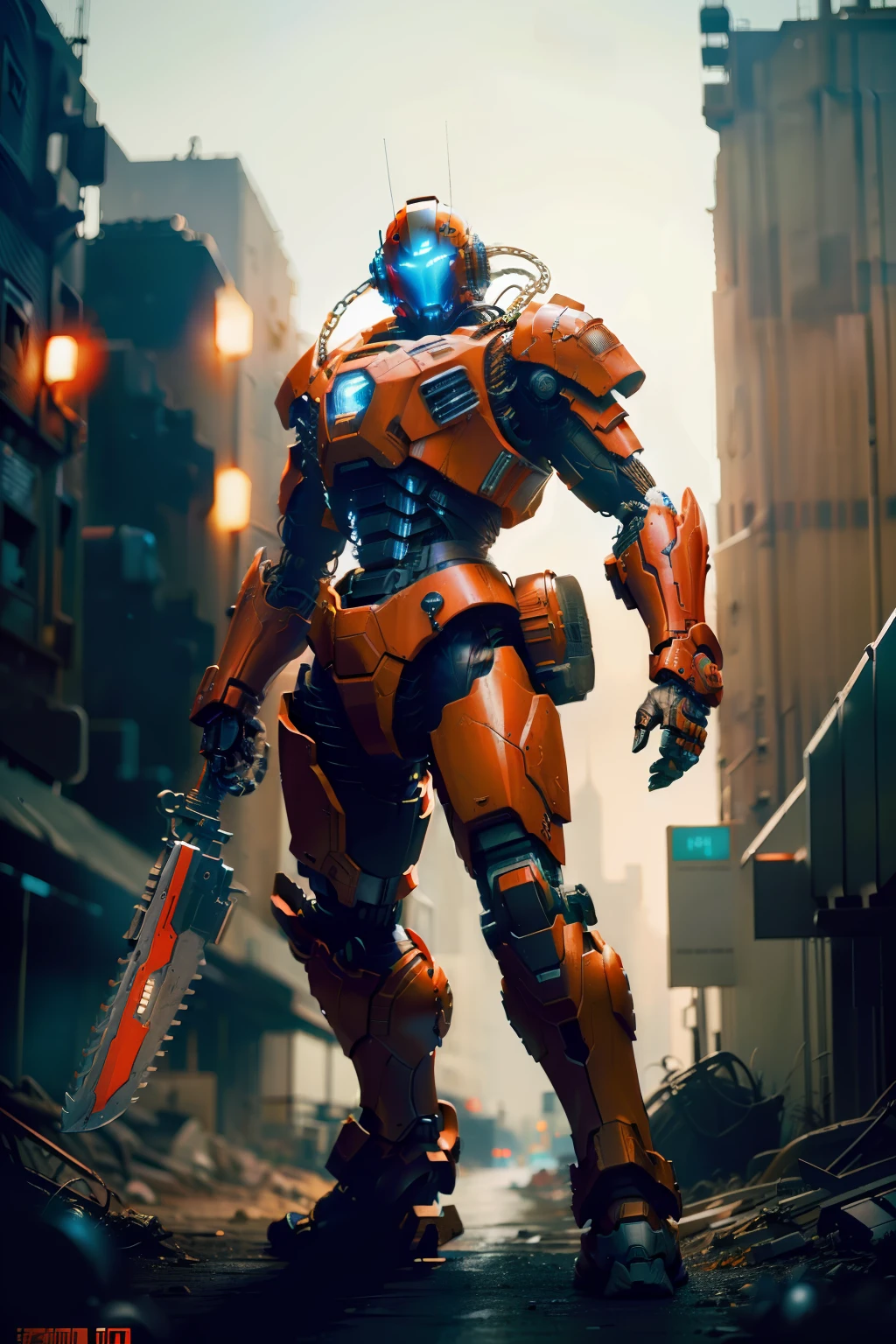 On the moon, barren planet, ruins, holding weapons, no humans, glowing, robot, building, glowing eyes, orange mech, science fiction, city, reality, mecha, galaxy background, full body, neon, cyber Punk, 8K wallpapers, ultra-detailed artwork, cinematic lighting, realistic photos, Dark_Fantasy, Cyberpunk, (chain saw, chain saw man, Red: 1.1), 1man, Mechanical marvel, Robotic presence, Cybernetic guardian, wearing a worn-out machine armor suit, intricate, (steel metal [rust]), elegant, sharp focus, photographed by greg rutkowski, soft lighting, vibrant colors, masterpiece, ((street)), cowboy shot, dynamic pose,
