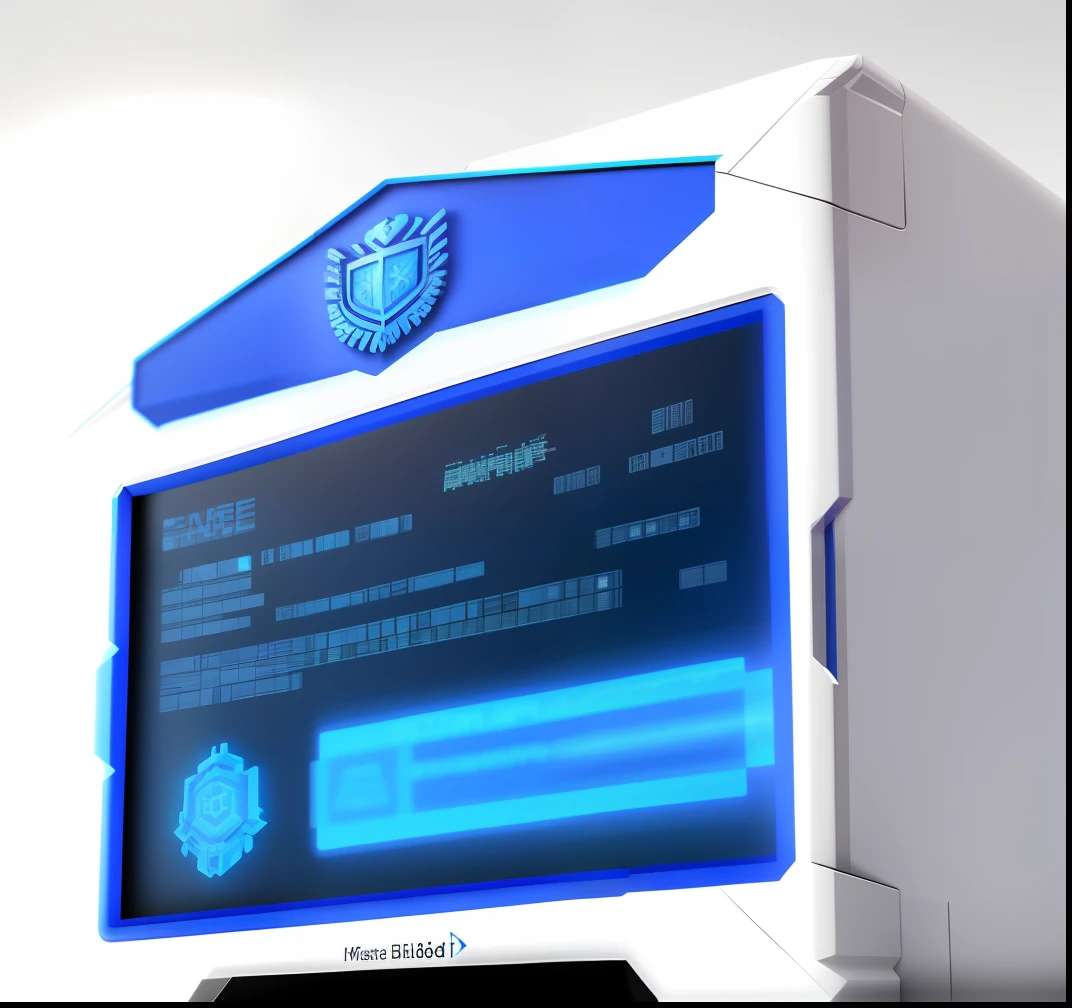 A blue shield protects the database on a white bracket，There is a code on the shield，With a blue mat, depicted as a 3 d render, cyber security polygon, computer generated, still image, take control of your data, rendered in cinema 4 d, Rendered in Cinema4D, 3d computer render, Lock, Close-up shot, 4K分辨率, a digital rendering