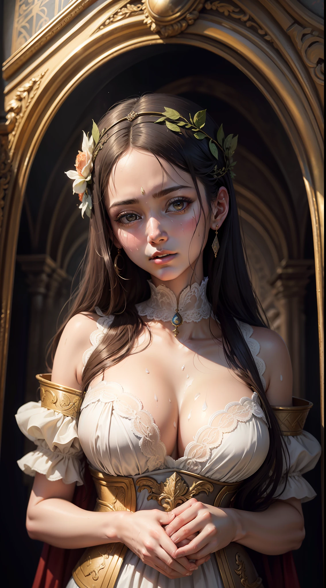 Historical Museum,Historical relief frescoes,oil painted,goddes,mito,Artistically,8K quality,stately,((Transparent clothes,transparent gauze)),((Wear lace gauze)),perfect bodies,(((sweat soaked)))Slr,closeup cleavage,complexdetails