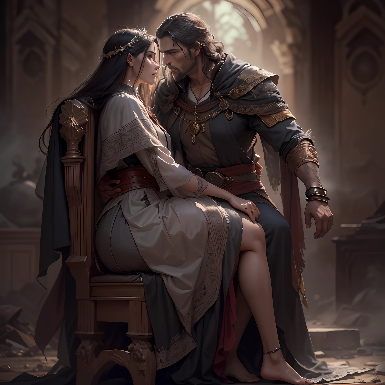 scenery, A huge ruined room with traces of battle, Duo of a woman and a man, side-view, Hi-Def, ultradetail, European facial features, realeme fentezi, Pattern, portraite of a, side glance: woman's, 46 years old, dark brown long hair, dark eyes, Frowning, A fighting look into the distance, dressed in an old shabby gray cloak,Beautiful handkerchief, wrapped around her head, Hands raised up, Clarity: 8 months, scenery: side view Huge throne room with large windows, A 46-year-old woman in an old raincoat stands near a throne, Ao fundo, Near the throne, A man hugs a woman by the shoulders, Rear side view: A man hugs a woman by the shoulders, Standing behind the throne of steam (((male)), fashion photography, (Full portrait), (half), 独奏, Detailed background, Detailed Face, (stonepunkAI, Stone theme:1.1), wise, (beautiful hair, braid: 0.2), shaman, The partition is harsh, mysterious, (Gorgeous face), Stunning, The head is tilted upwards, (calm expression on his face), Calm, Intimate Interaction. detailed clothes, realistic skin texture, Clear Focus, voluminous lighting, Good moments, Good shadows, sub-surface Scattering, Complex, Highly detailed, ((film)), dramatic, (Highest Quality, Award-winning, Masterpiece: 1.5), (Realism)