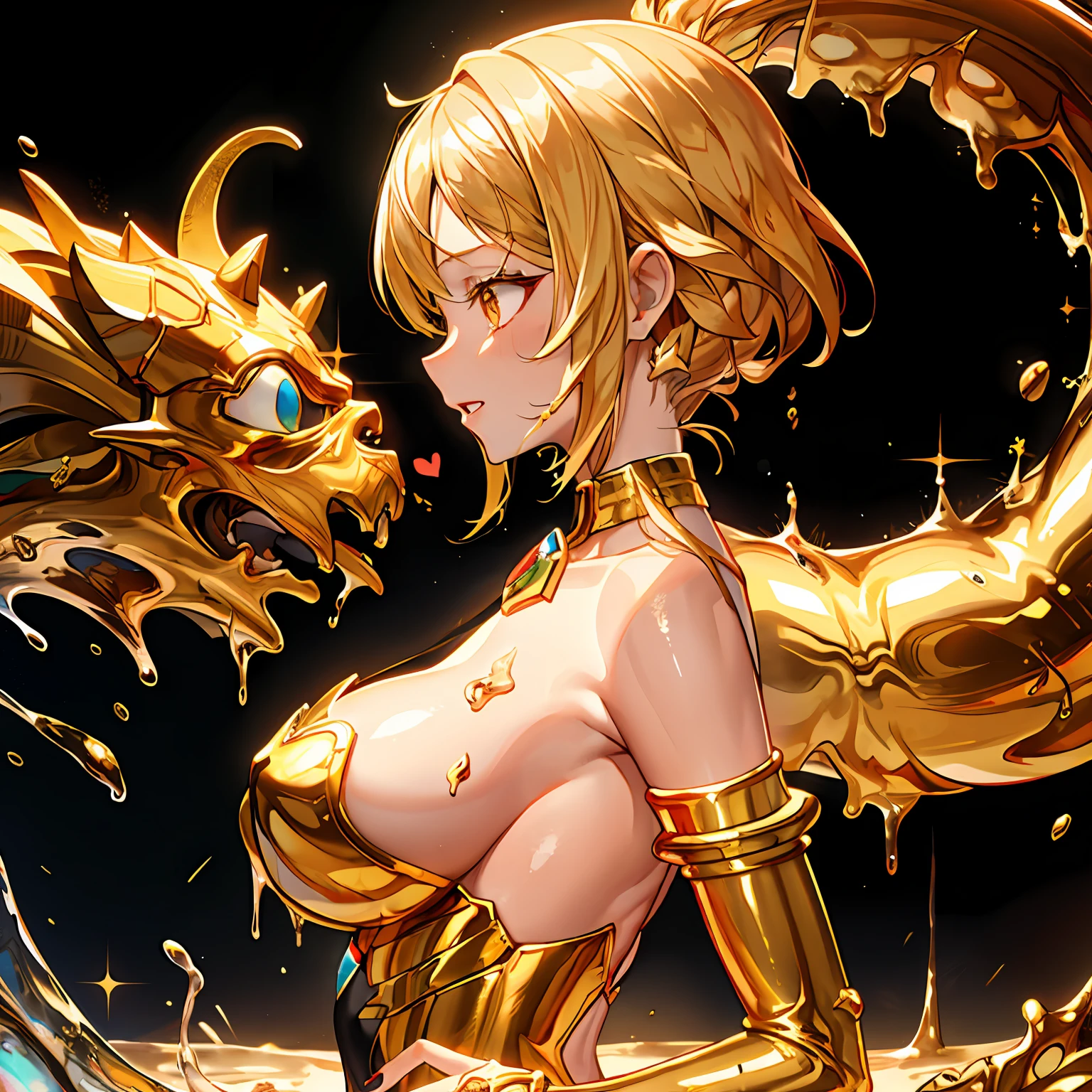 molten gold,from side,Wearing lots of gold accessories,1girl,shiny skin,goldpowder,Metalheart,liquid metal girl,slime girl,Splash
