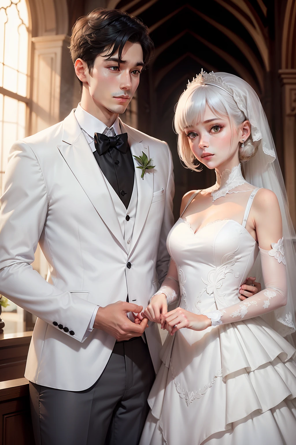 husband and wife，The upper part of the body，offcial dress，wedding gown，White shorthair，Black shorthair