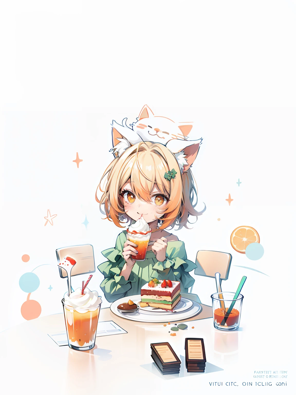 Short-haired cat-eared girl happily eating dessert on the table,Plastic cup on the head,orange color hair,Dark green dress