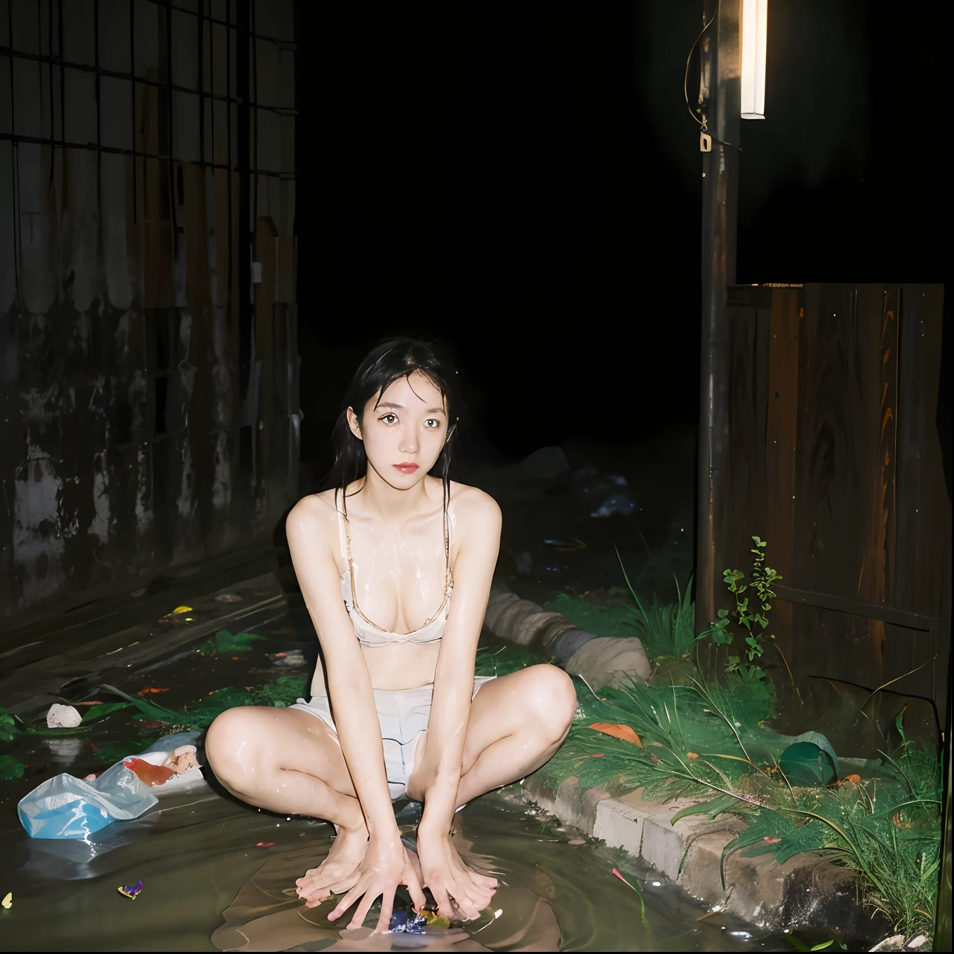 Naoyuki Obayashi,90s flash photo,1girll, Solo,At night,a woman standing in a dim alley flirting,(full bodyesbian:1.5),Big breasts,tit,(Nippur:1.2),Wet,Transparent,(sensual lingerie),Bare feet,with a bright night scene in the distanceThe best quality,((Wet ground)),(((The ground is littered with garbage))),((tenten)),sin front of camera, tmasterpiece,RAW photogr,Film photos,