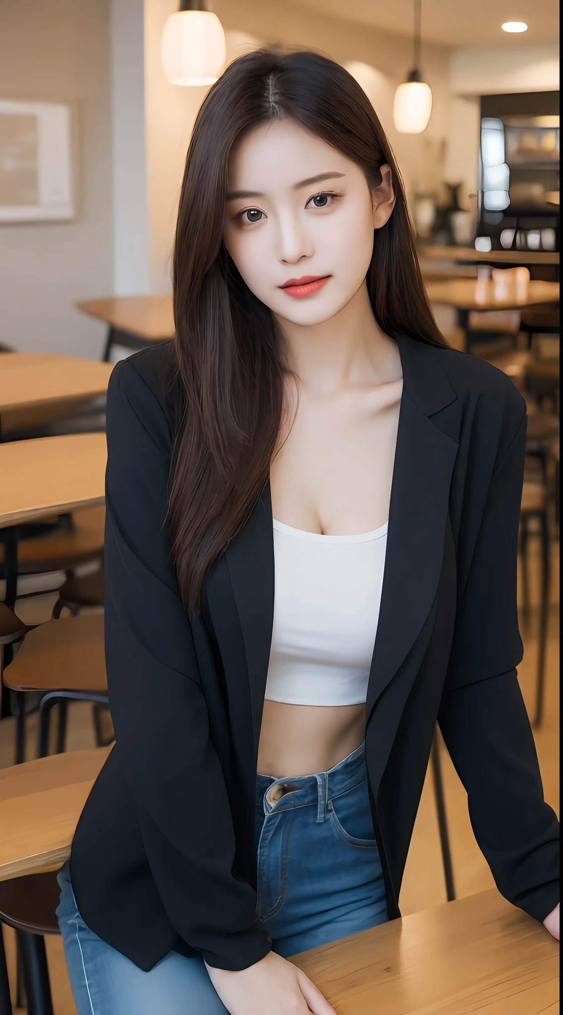 (Realistic, High resolution:1.2), 1 girl, super fine face and eyes, long hair, tight black tank top with black jacket, short jeans, sitting on coffee chair, in café, coffee on table, big breasts