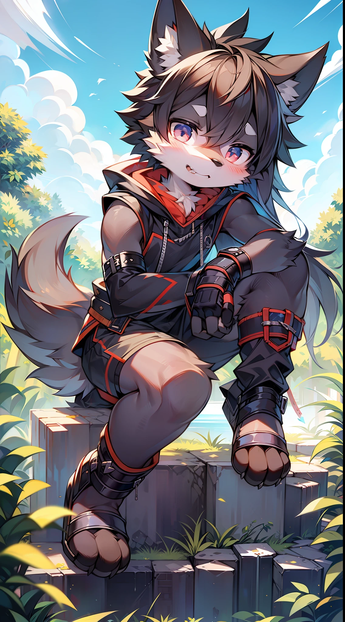 A wolf,Shota,Black redhead,Black fingerless long gloves,Black pedal socks,tender ,nakeness,Blue sky