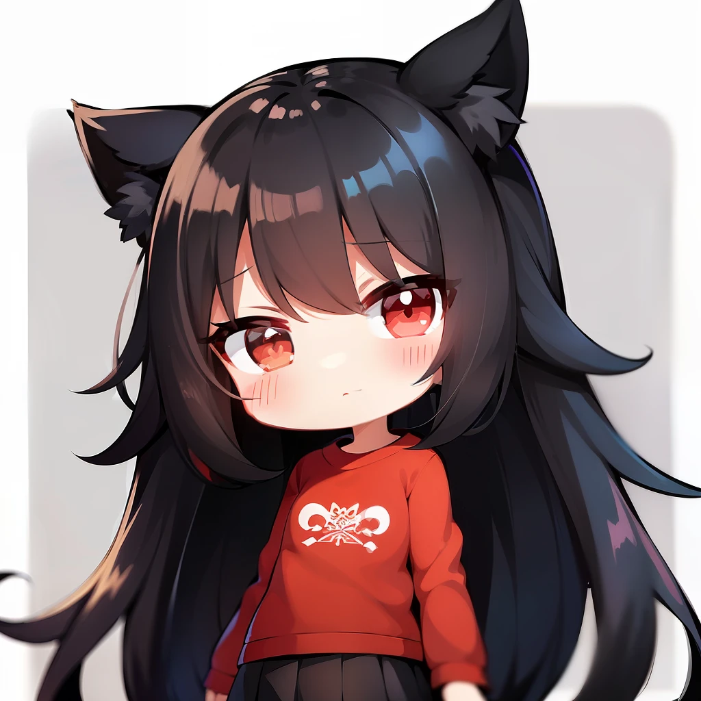 (((Chibichara))),Women with long black hair、Wearing a red shirt and black skirt.