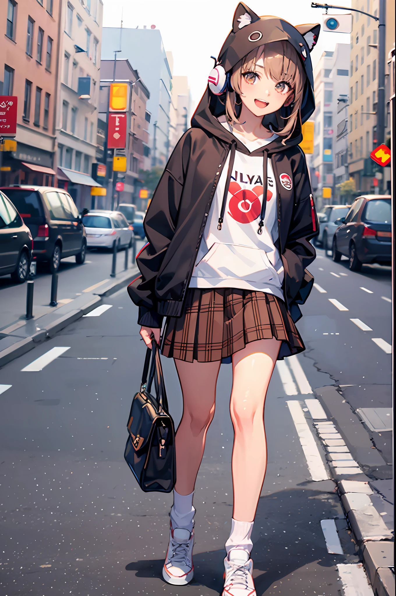 virtual_youtuber, 1girl, skirt, hood, brown_hair, plaid_skirt, shoes, smile, plaid, brown_eyes, solo, open_mouth, socks, red_skirt, simple_background, pleated_skirt, hood_up, looking_at_viewer, white_background, full_body, hoodie, white_footwear, bangs, headphones, long_sleeves, animal_hood, :d, black_legwear, standing, blush,Natural skin texture,ultra-realistic realism,the soft light,Sharp,Masterpiece, Best quality, Ultra-detailed, Best shadow,8K