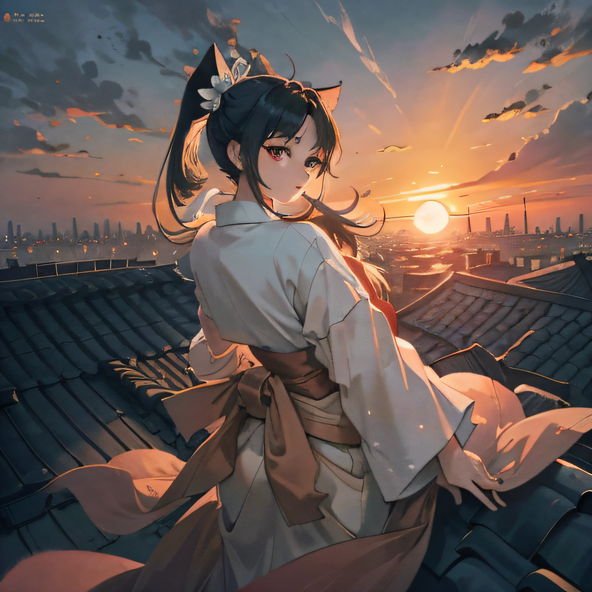 Single white tech set,Double ponytail with long hair and waist,Look back behind me,One hand crosses the waist,on the rooftop,Japanese manga style,very refined,In the setting sun,Heads-up,Visible Pore,Very sexy,Holding a kitten in your arms,Detailed background