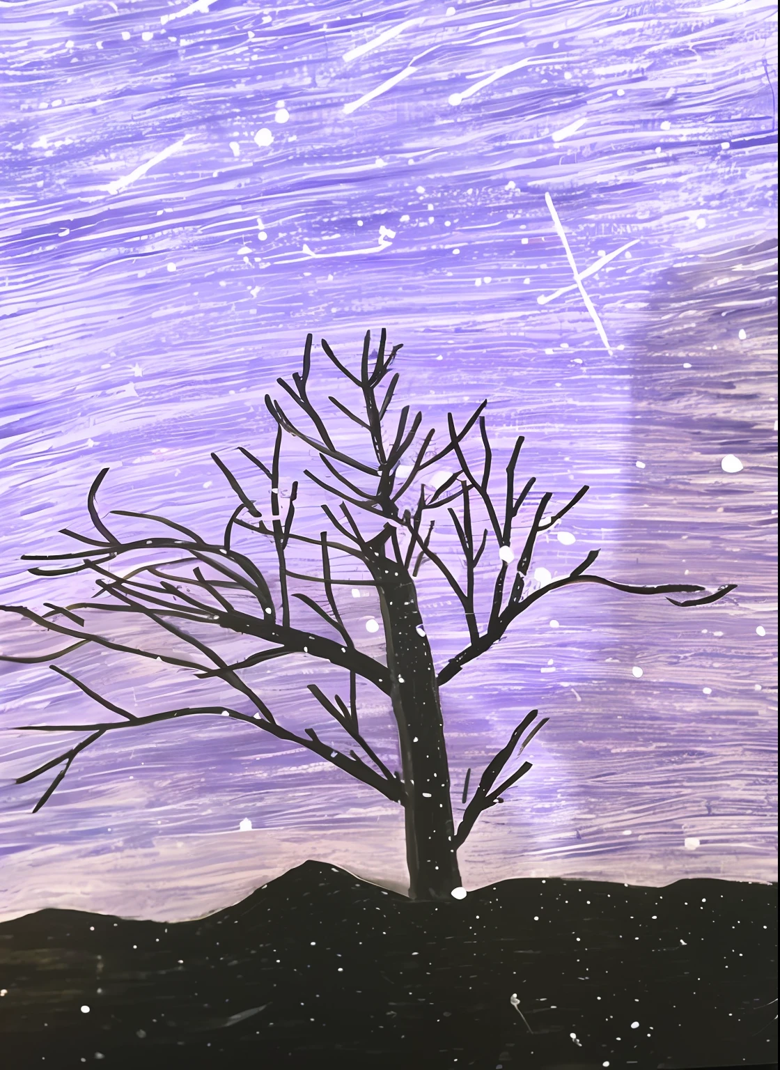 A painting of a tree，Purple sky and stars in the background, Inspired by Dwight William Tryon, stary night painting, A tree in a galaxy made up of stars, Inspired by Rockwell Kent, Inspired by Keffen Williams, trees and stars background, Inspired by Peter Brooke, Inspired by Ralph Albert Blacklock, intermediate art, Purple sky in moonlight, cosmic tree