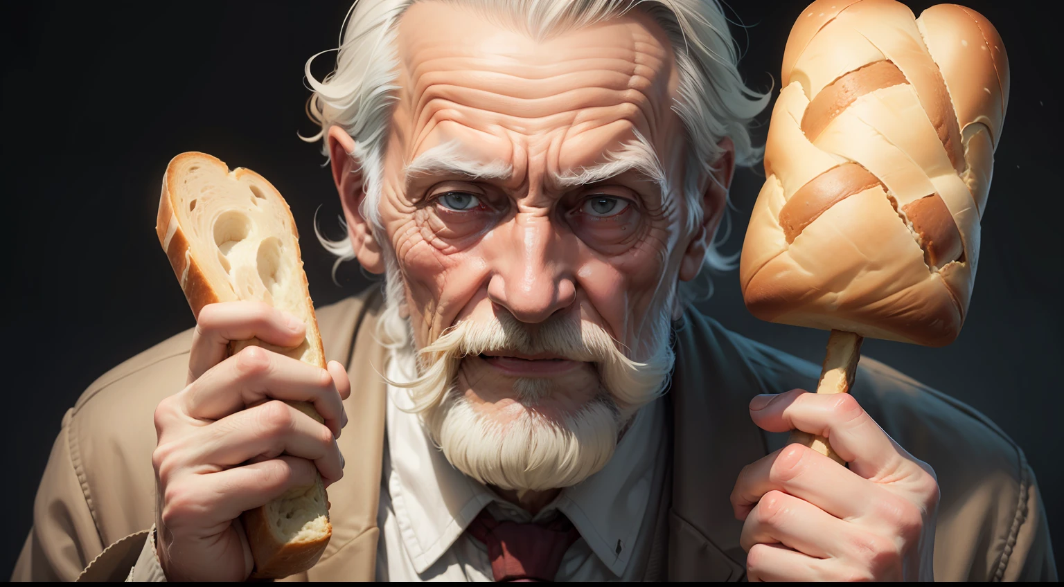 Old bad man with a loaf of bread in his hand, his face and bread cover the whole picture