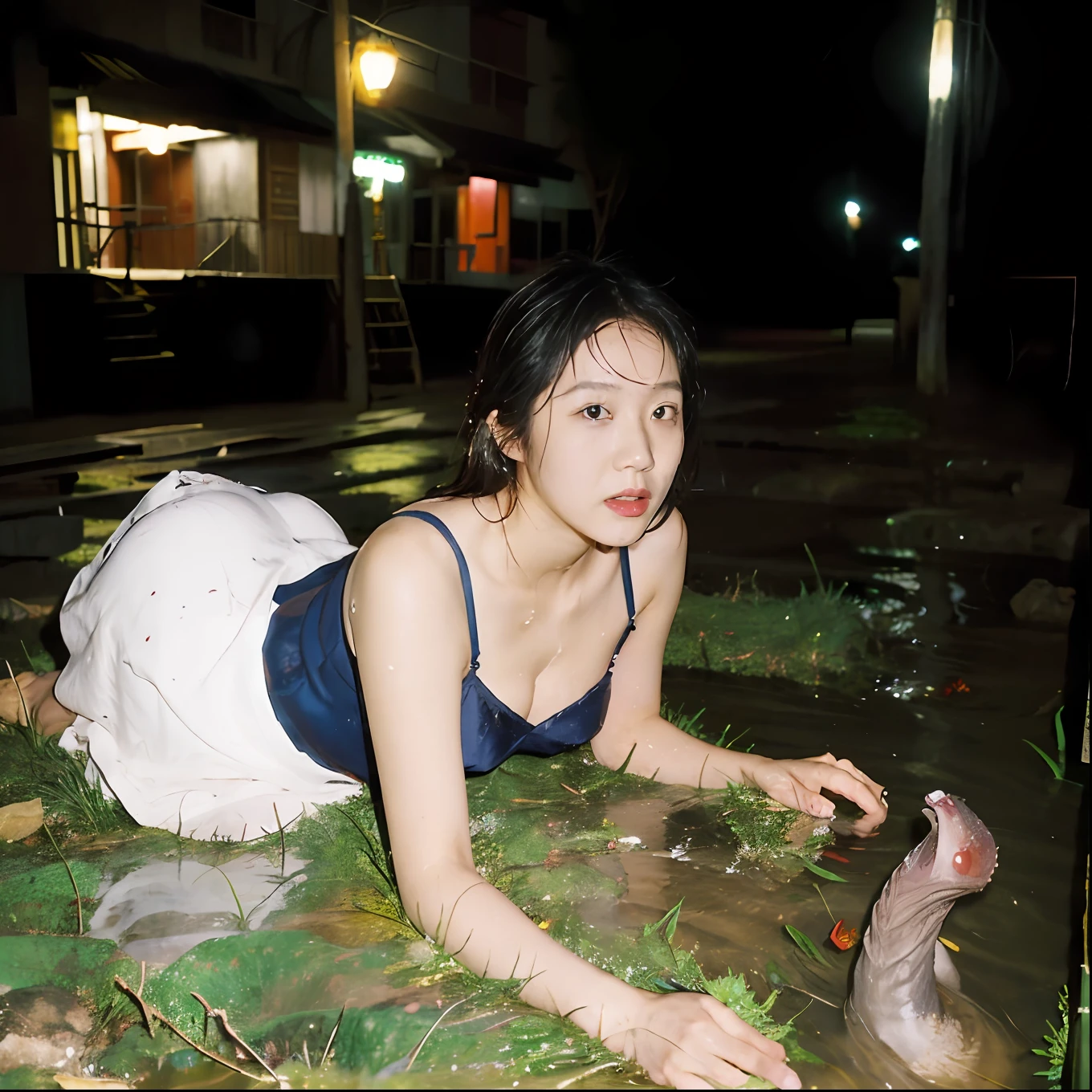 Naoyuki Obayashi,90s flash photo，1girll, Solo,At night,a woman standing in a dim alley flirting，(full bodyesbian:1.5),Big breasts,tit,(Nippur:1.2),Wet,Transparent,(sensual lingerie),Bare feet,with a bright night scene in the distanceThe best quality，((Wet ground)),(((The ground is littered with garbage))),((tenten)),sin front of camera, tmasterpiece，RAW photogr，Film photos，