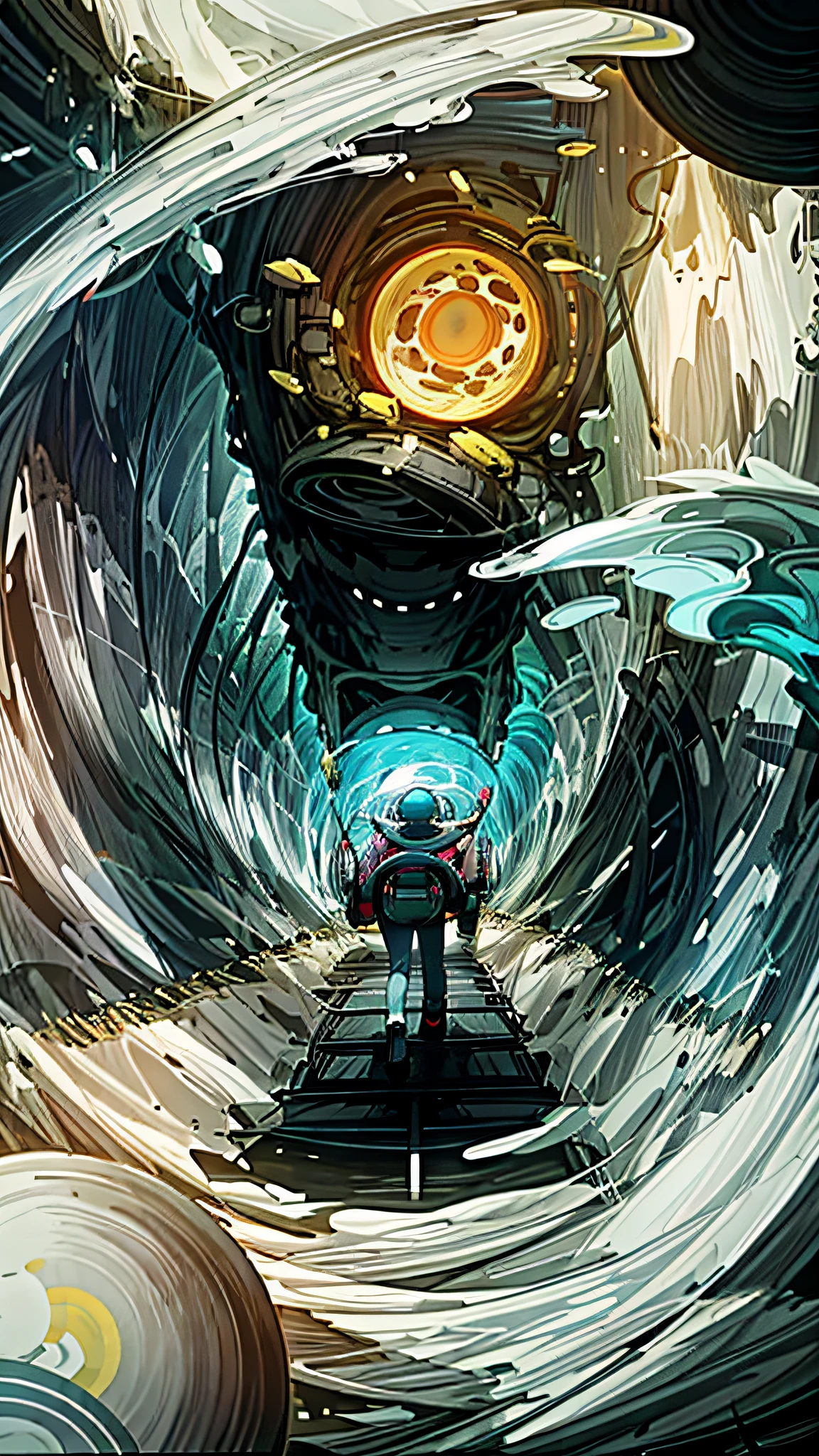 Rolling waves on both sides,Water Planet,Come out of the portal, illustratio, Anime keyframes, hyper contrast well drawn, Concept illustration,ultra-realistic realism