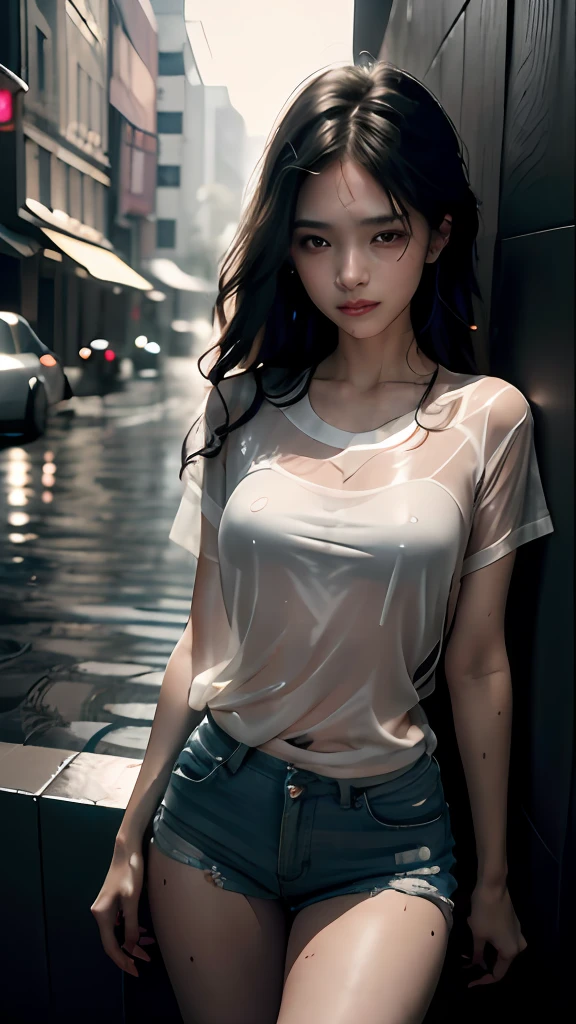 Beautiful woman with wavy hair,Delicate and charming eyes,Thigh notch,Transparent clothes,long sexy legs,Wear small transparent shorts,tee shirt,Beautiful futuristic cyberpunk + 城市,thin fog,soggy,rained,A masterpiece of the best quality,realisticlying,A detailed,8k,HDR,shallowdepthoffield,Wide light,High contrast,Contre-Jour,Flood,Flash,color difference,Sharp focus,RAW color photo。