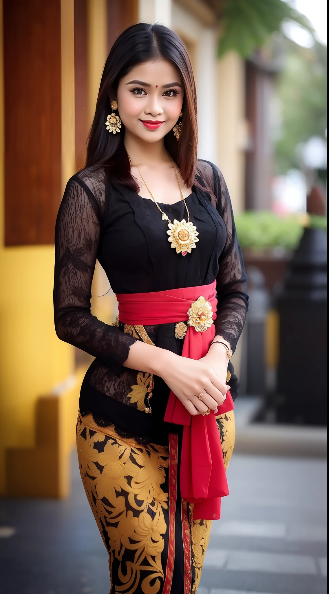 photography, woman,  for id card, portrait of woman wearing kebaya_bali in black long kebaya dress traditional, red lipstick, golden necklace, earrings, ornate, detail, flowers, blurry background, soft focus