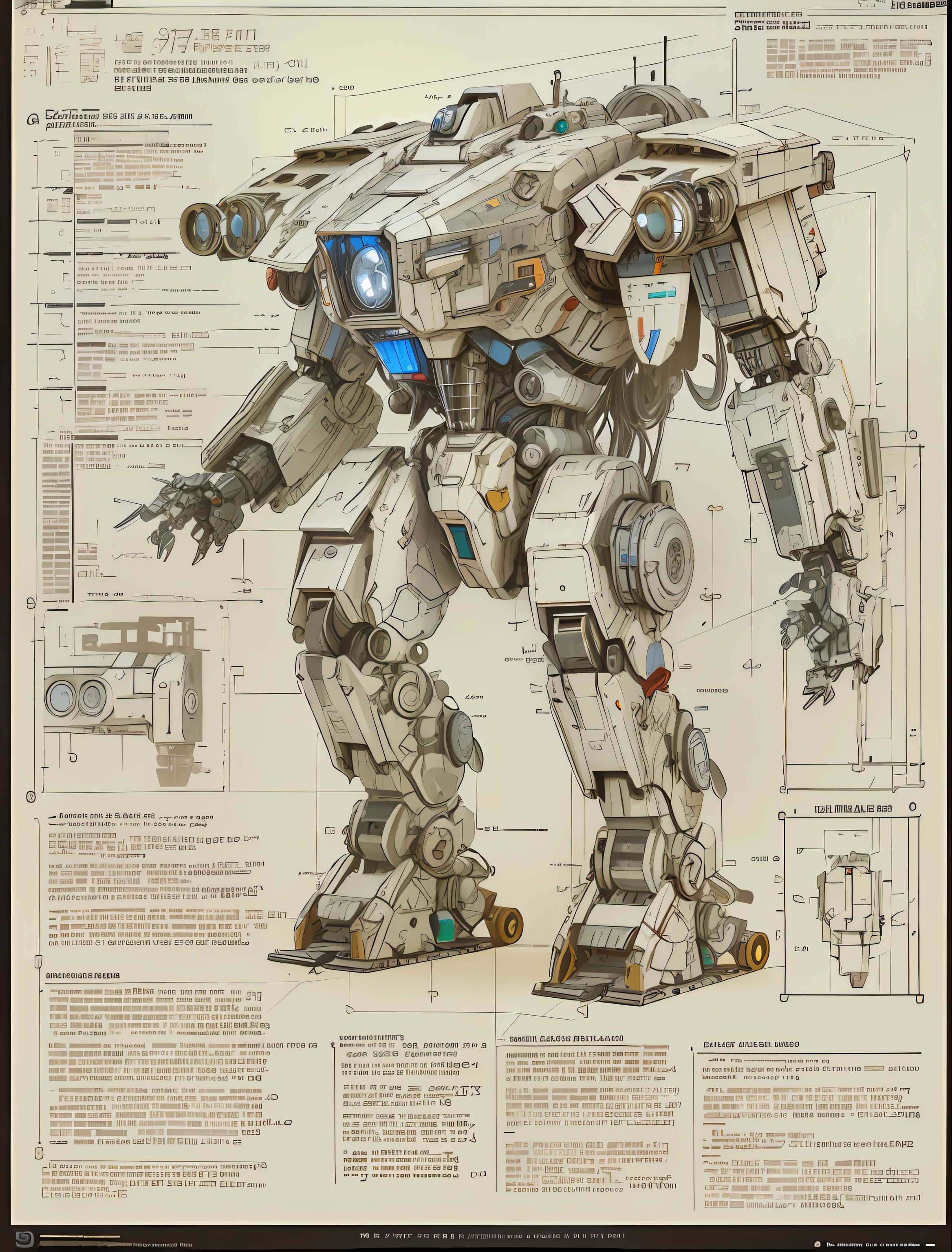 Drawings of a large robot with a large body and legs, mech concept art, battlemech, mech body, giant mecha, metal gear mech, battletech style, lottalewdsLargeMecha, Machinary, giant mecha robot, mega humanoid mech, giant robot mech, comic book style battlemech, Full body mecha, mech robot, Mecha warrior, # Deconstructing robots from the Pentagon story in mecha/Describe the design in detail，Including its complex mechanical components，White color scheme，and a threatening appearance/Describe the deconstruction process in detail，Including dismantling various parts，Such as arms、Legs and torso，Disassemble mechanical parts to reveal their inner workings/Describe the environment in detail，Includes a dark and ominous lab background，Dim light and mechanics in background/Detailed description of the mood and atmosphere，Including curiosity，Intrigue and awe/illustratio/Use a combination of digital painting and 3D modeling techniques，Create a detailed and complex image of the robot being disassembled in a dark and ominous lab background