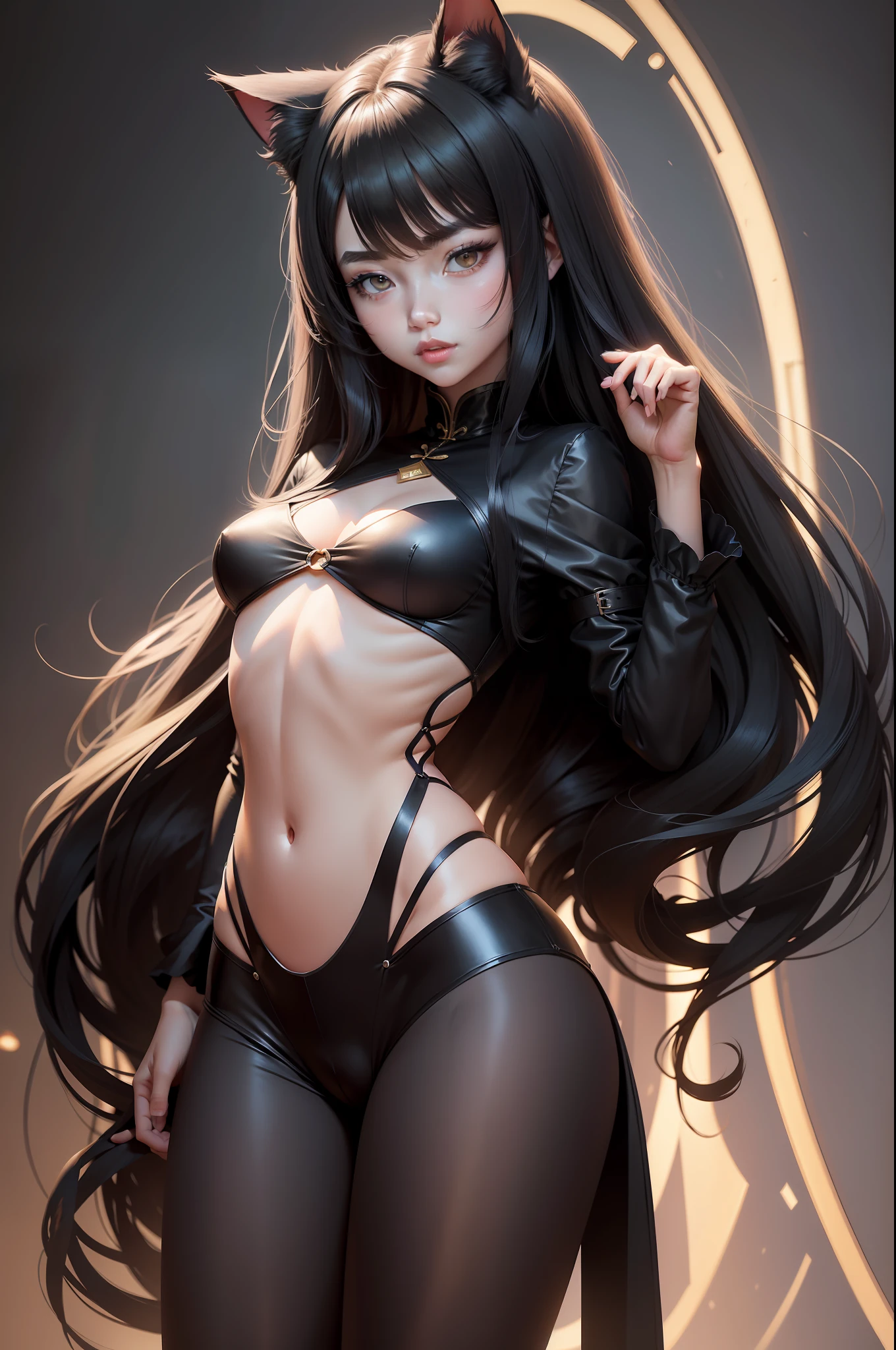 A 26-year-old girl，Two-dimensional style，Bigchest，Two legs，比基尼，long whitr hair，blacksilk，cat ear