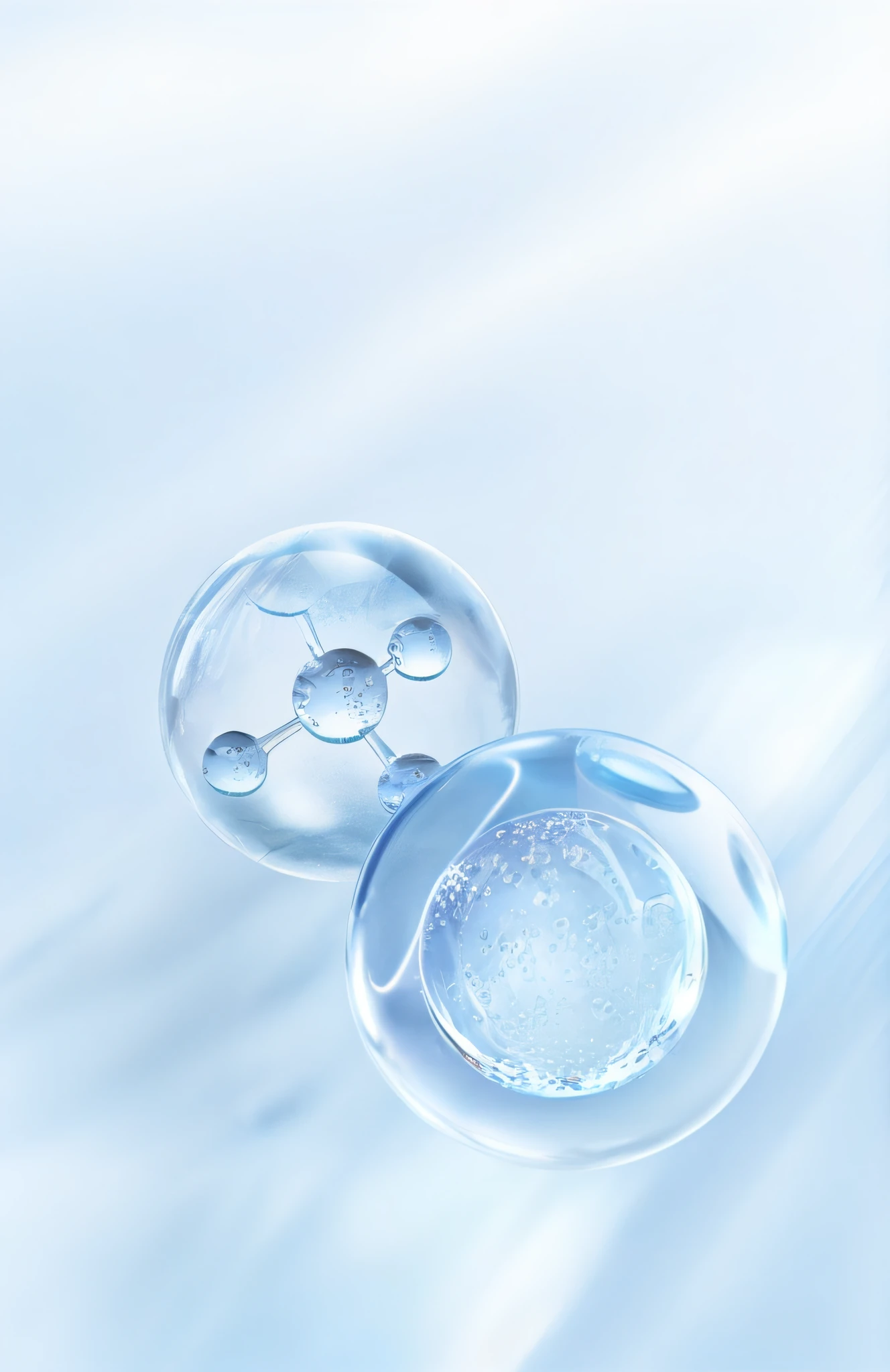 There is a glass of water floating with sparkling water, floating molecules, water particulate, water bubbles, water bubbles, transparent droplets, water caustics, water particulate, water particle in front, bubbling skin, translucent sphere, Ethereal bubbles, clear liquid, water droplets frozen in time, sterile background, floating spheres and shapes, cellular