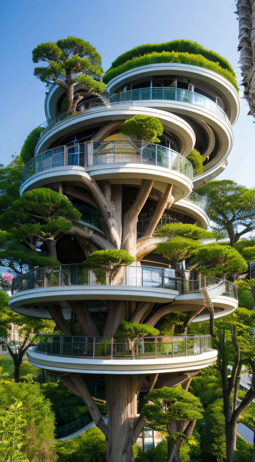 Tree house view，With spiral staircase and balcony, bonsai tree house, tree house, Unique architecture!, Battle of the Treehouse, vincent callebaut, cyberpunk tree house, tree house, Beachwood Treehouse, Arbor construction, tree town, Botanical architecture, in a tree house, Nature meets architecture, Modern house made of trees