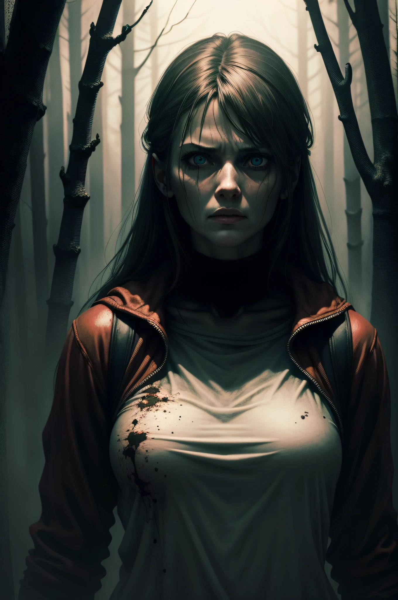 "scary woman in Silent Hill style, in a dark and frightening forest in the background"