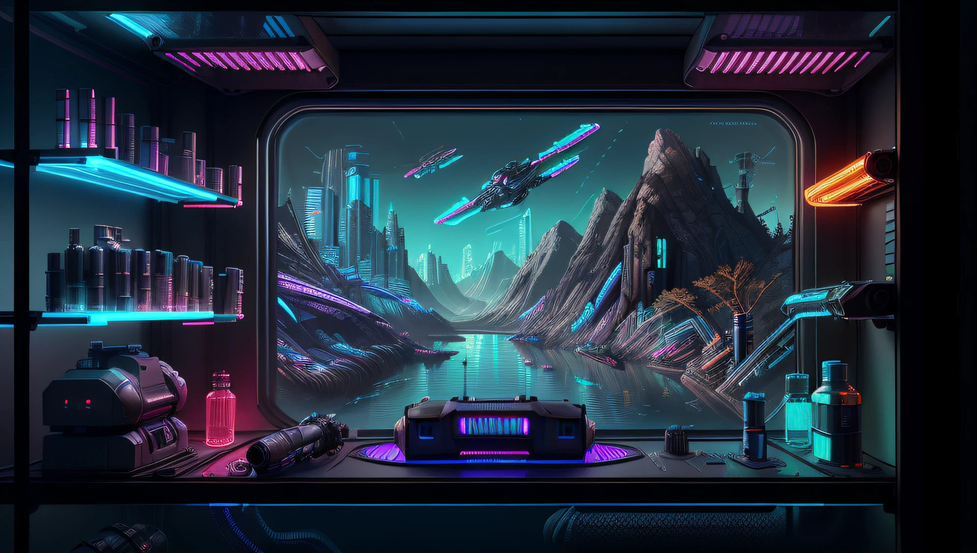 cyberpunk futuristic laboratory with (robot parts:1.2) strewn all over, parts in bins on shelves, wiring, electronics, highly detailed landscape artstation cgsociety digital illustration 
display window looking out on a peaceful natural mountain river  to8contrast style,
transparent pipes with glowing liquid in neon colors