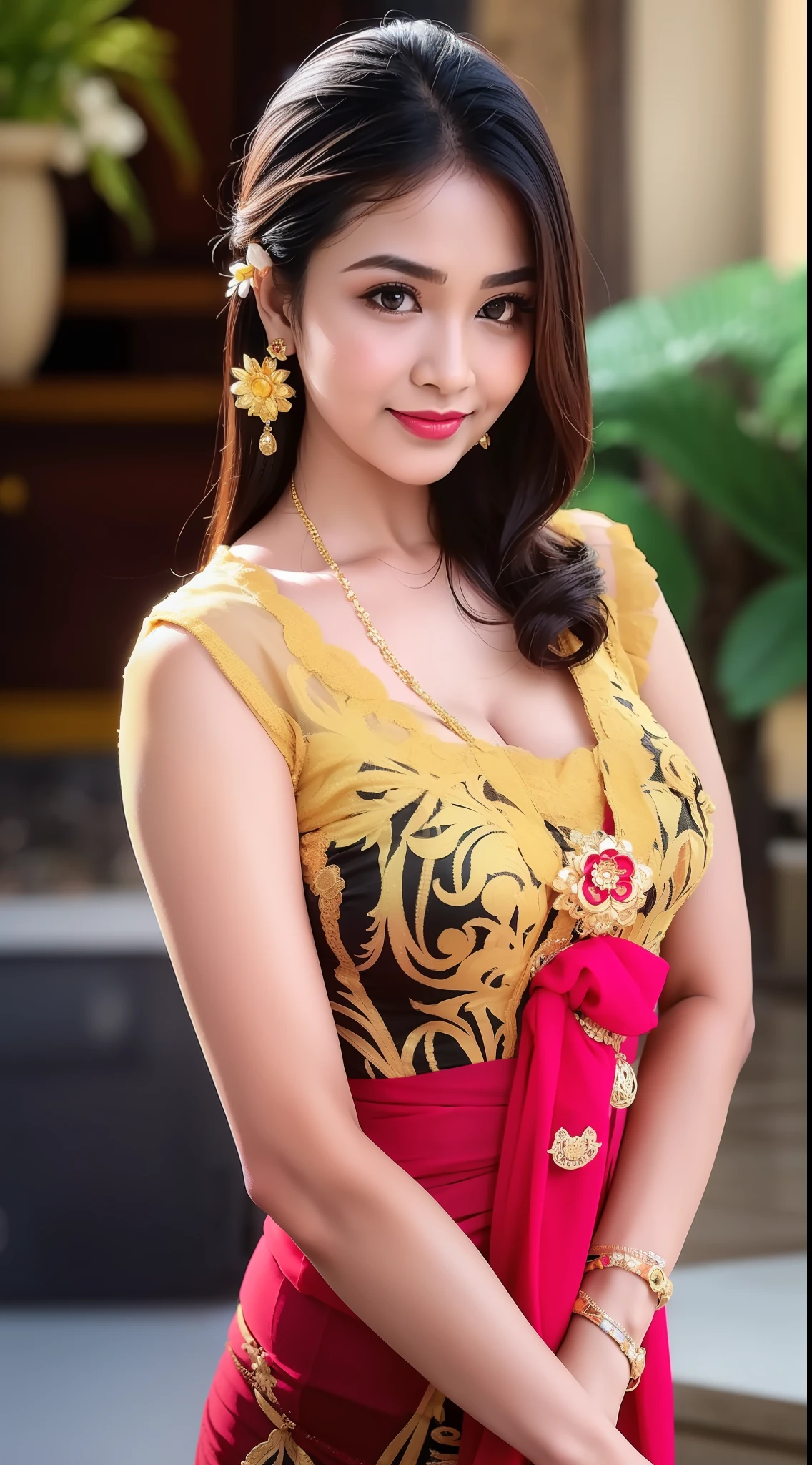 photography, woman,  for id card, portrait of woman wearing kebaya_bali in black long kebaya dress traditional, red lipstick, golden necklace, earrings, ornate, detail, flowers, blurry background, soft focus
