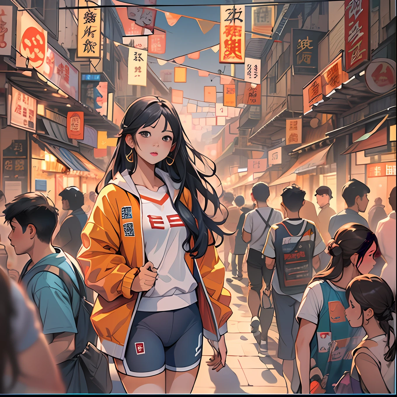 A lively and cute Asian young woman Yang Feiyue，Wear sportswear，Stand in the middle of a snack street crowd，Looking around for something ,in the style of the stars art group xing xing, 32K, Best quality, Masterpiece, Super detail, High details