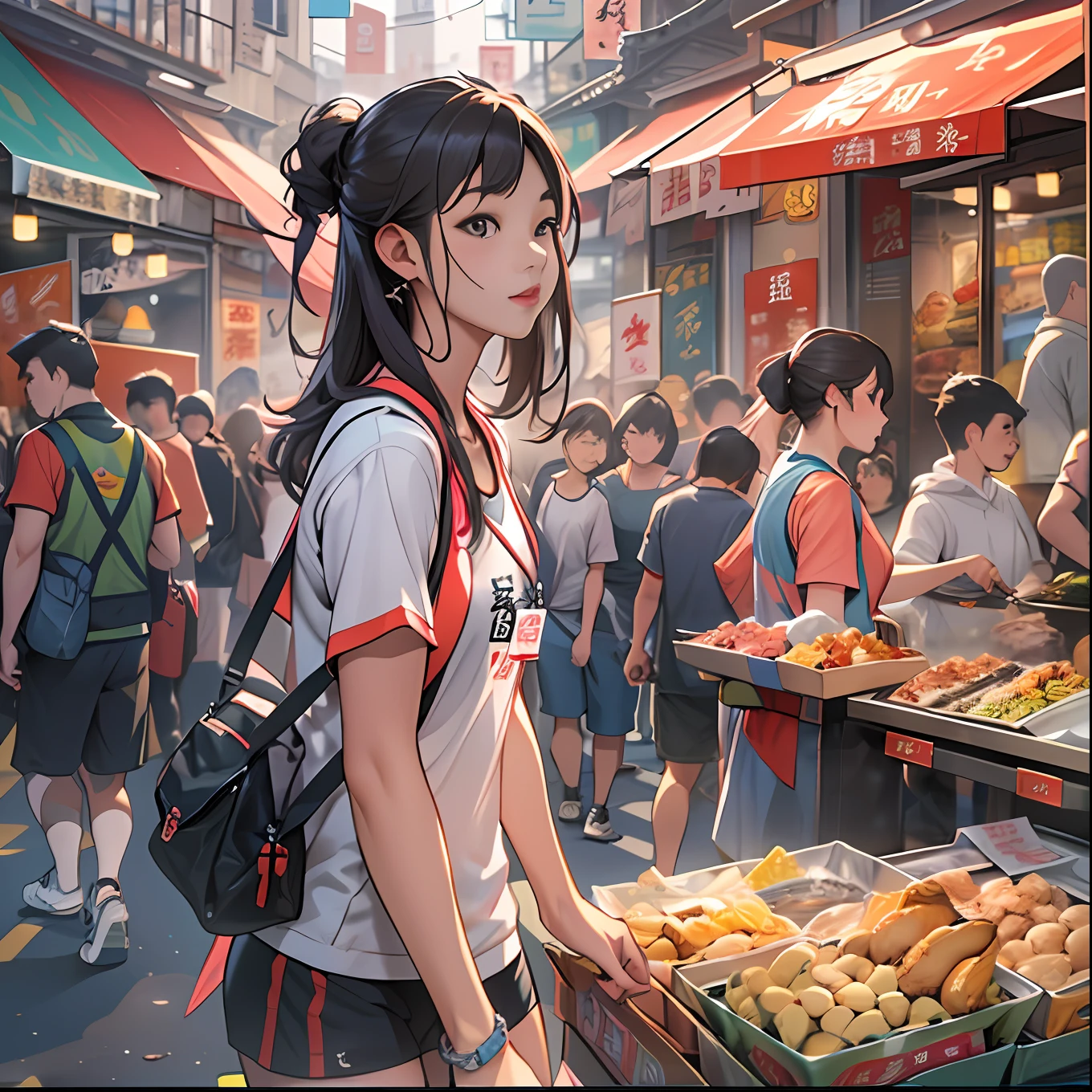 A lively and cute Asian young woman Yang Feiyue,Wear sportswear,Stand in the middle of a snack street crowd,Looking around for something ,in the style of the stars art group xing xing, 32K, Best quality, Masterpiece, Super detail, High details