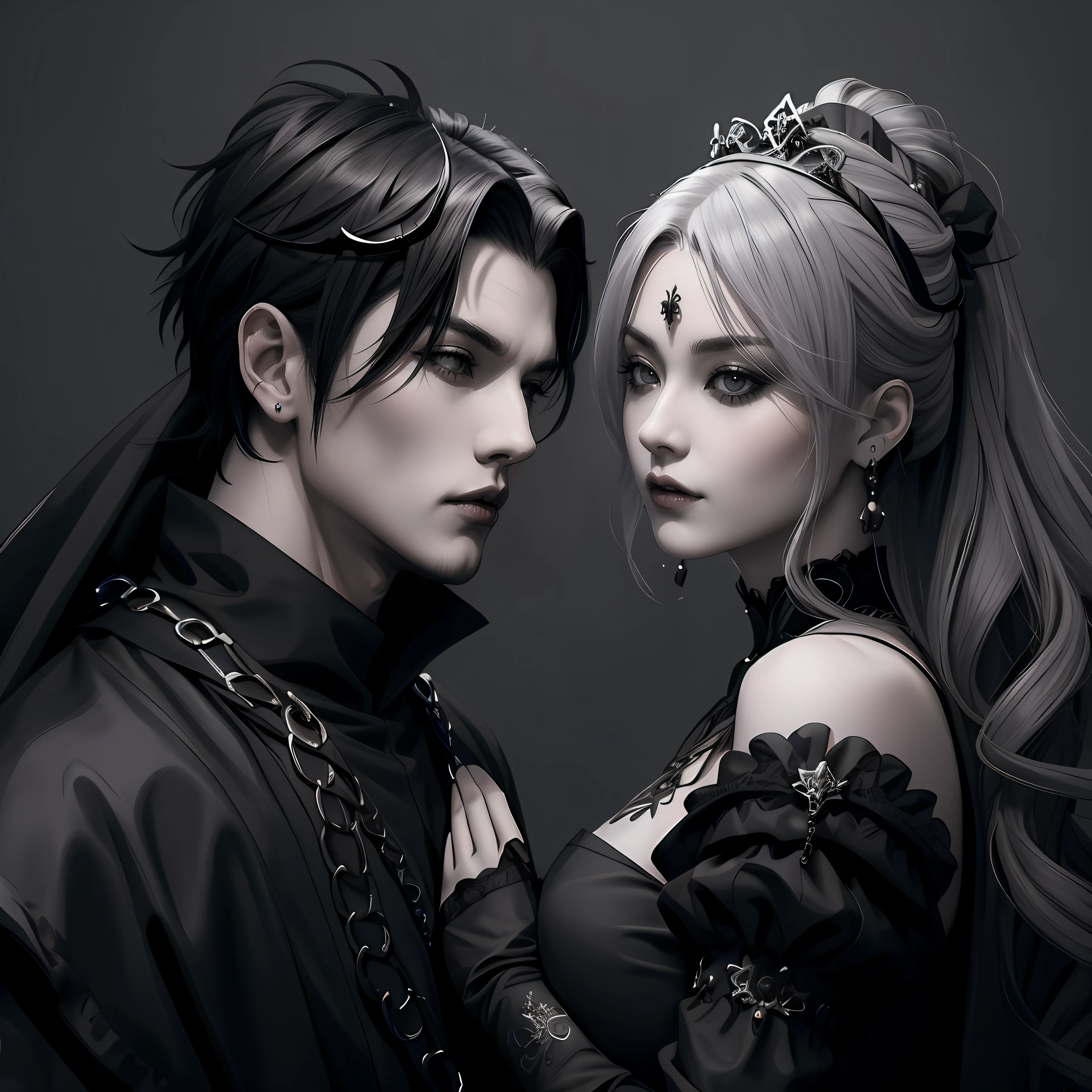 Ninja couple, king and queen, gothic crown and tiaras, side by side, Grey and black, dark romantism, raw concept art, masterpiece illustration