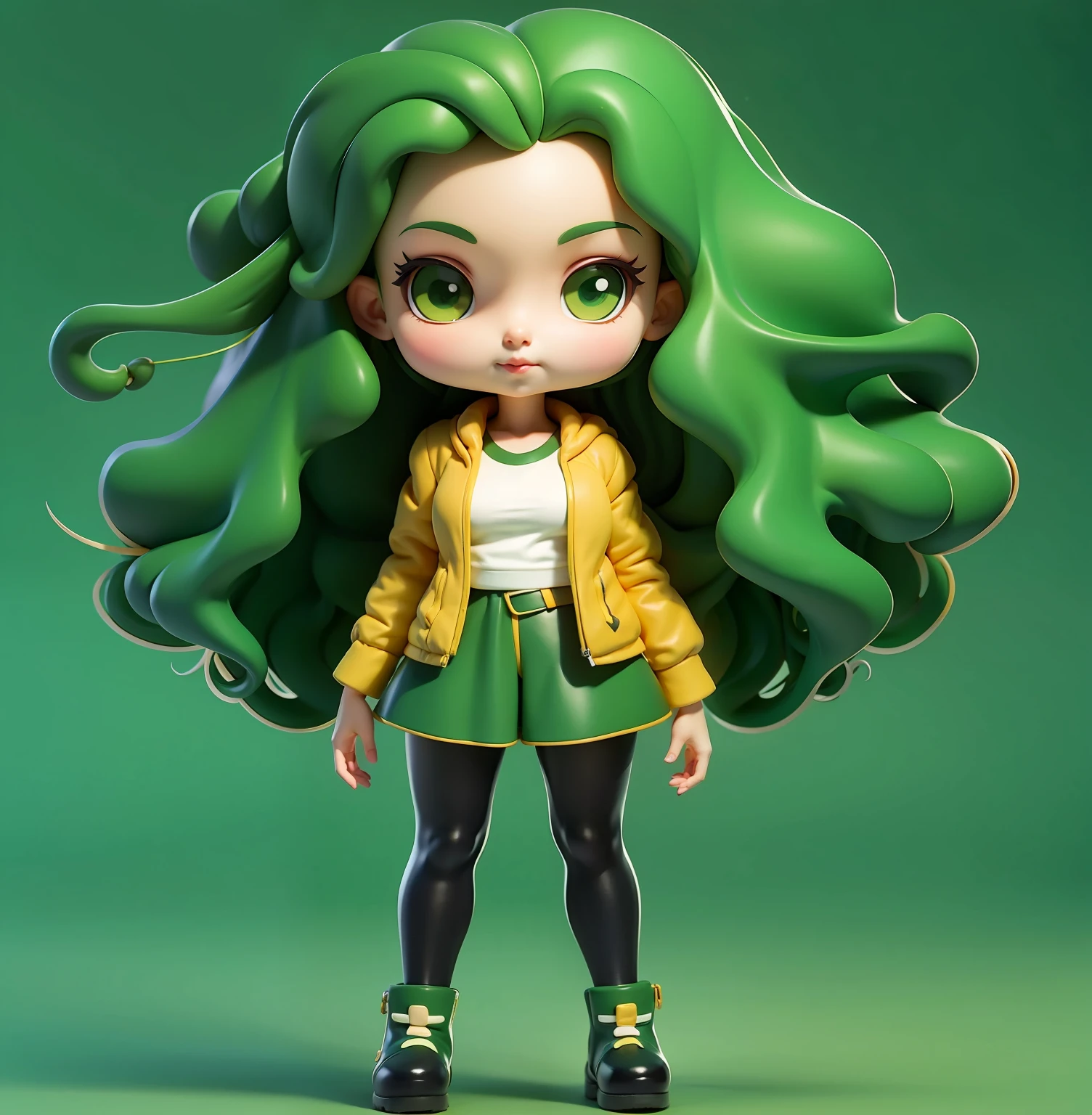 Cartoon girl with long hair and jacket, Green curly haired girl, Blackn clothes，at a forest，the night，starrysky