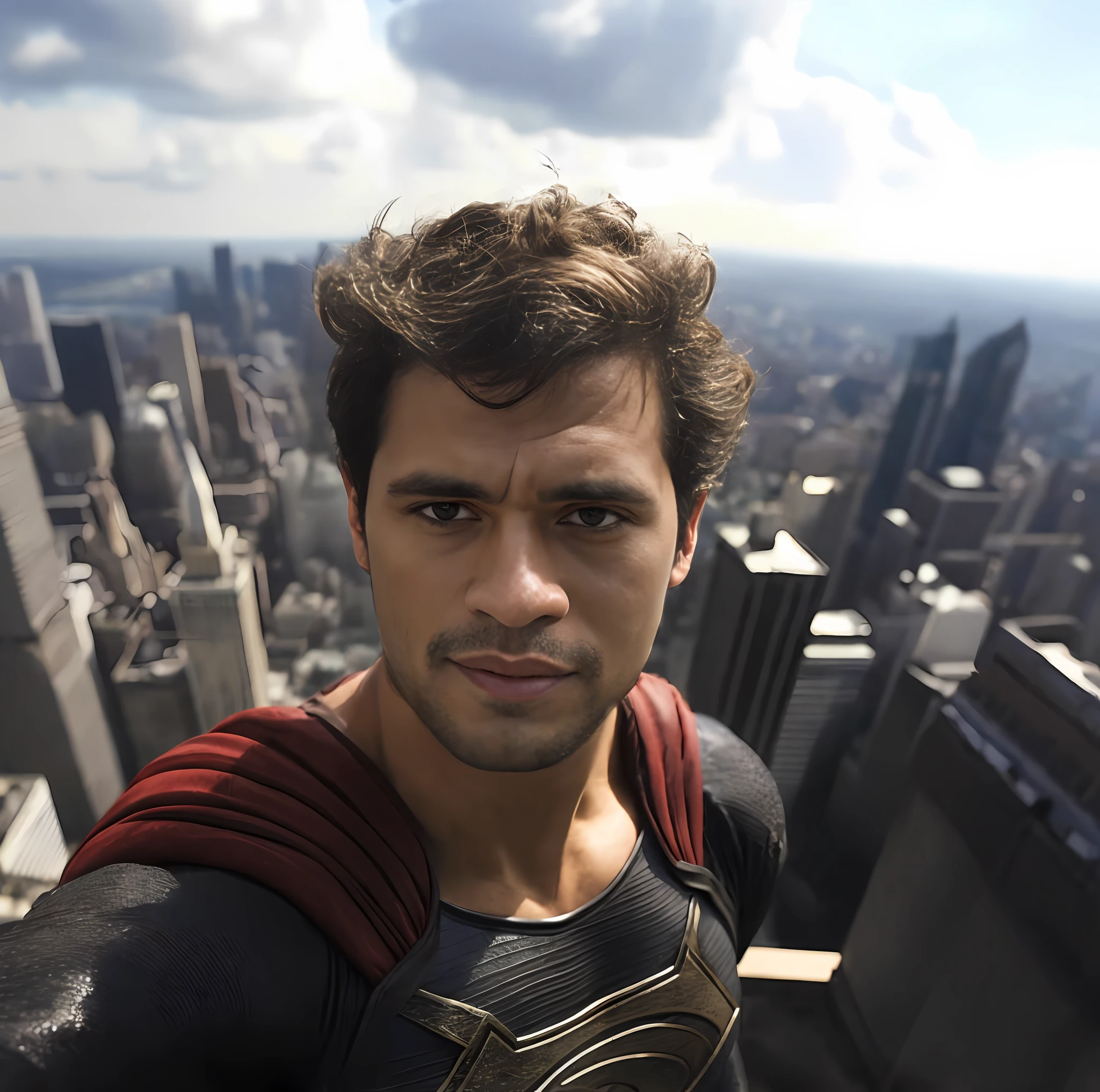 arafed man in a superman suit standing on a ledge above a city, 8k selfie photograph, superhero portrait, superman, movie still 8 k, stood on top of a sky scraper, highly detailed vfx portrait of, standing on a skyscraper rooftop, herry cavill, superhero, portrait shot 8 k, dwayne johnson as superman, high res 8k