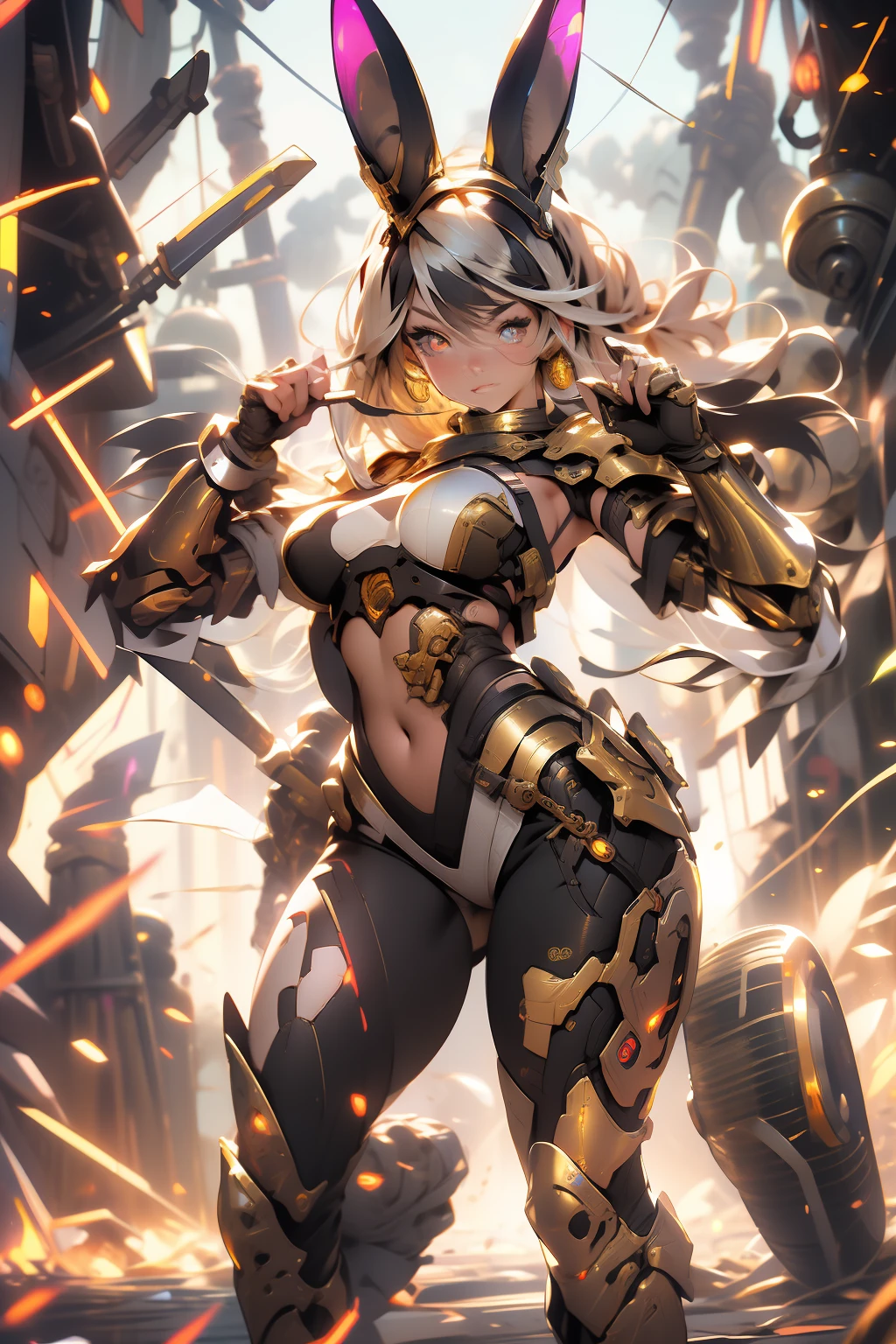 (masterpiece), (best quality), 1girl, detailed hair, cyborg girl with bunny ears, female warrior battle field, stand, (golden glowing eyes), cyborg armor, golden armor, black and golden, cinematic light, sexy, big breast