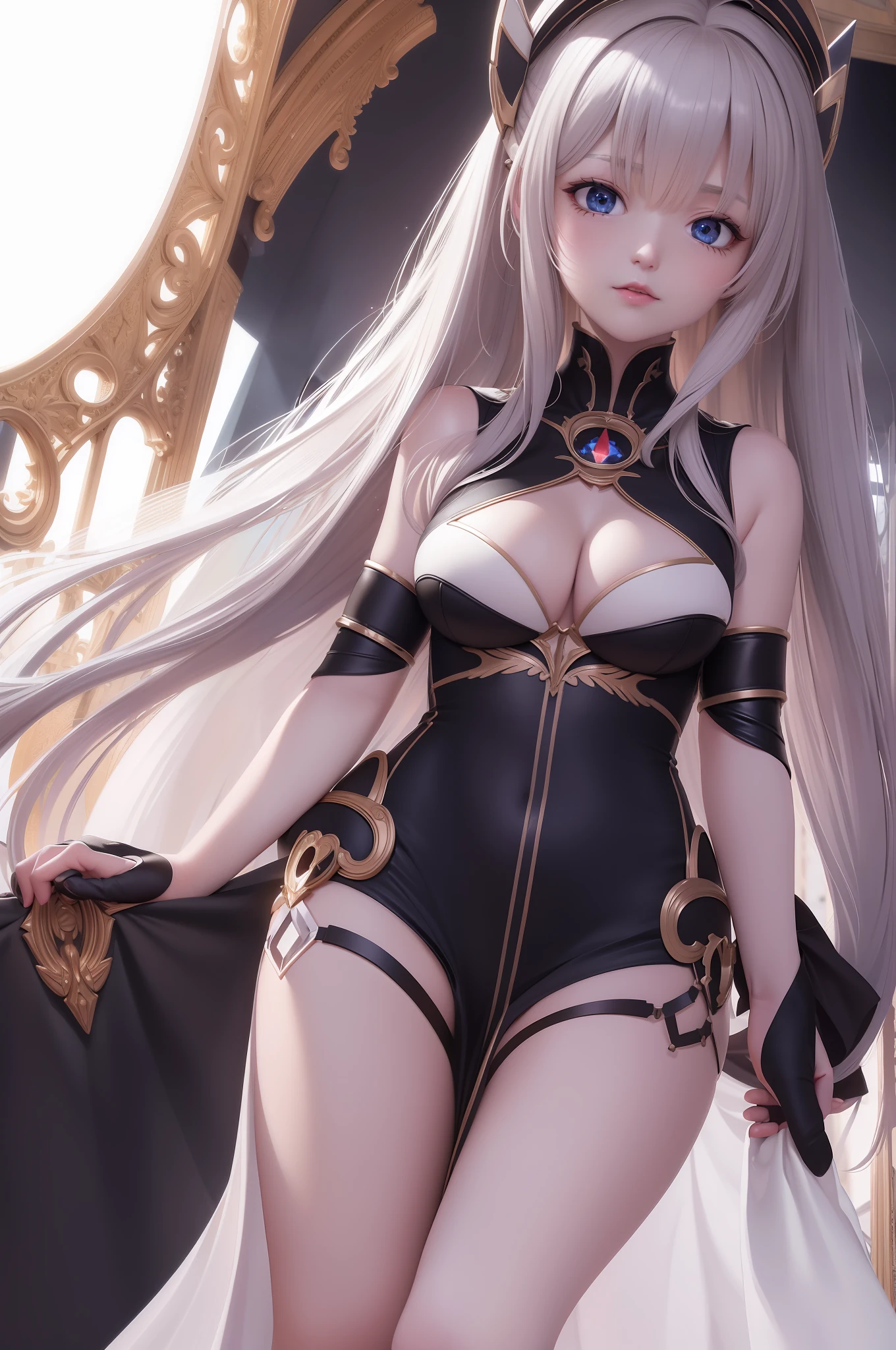 (Extreme Detail CG Unity 8K Wallpapers，tmasterpiece，Highest image quality)，Best quality, tmasterpiece, brunette color hair, blueneyes, head looking up, full bodyesbian，White sheer long dress，Red bra，head gear