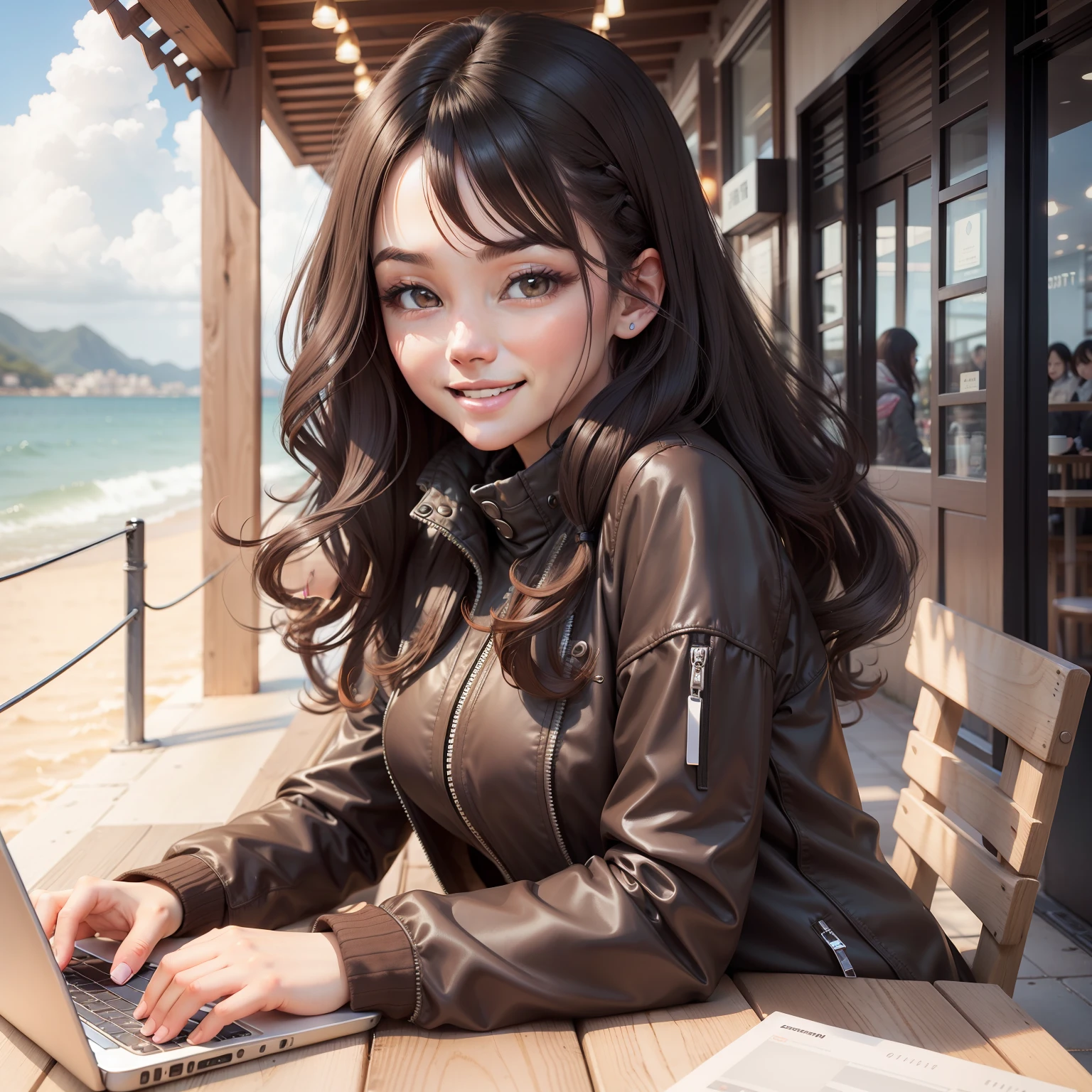 Smiling Woman, 50 generations， Hair collection, bangss, A dark-haired，Color Chip, sea side, Brown-eyed, jaket, long-sleeve, Look at viewers, use a laptop、fashionable cafe