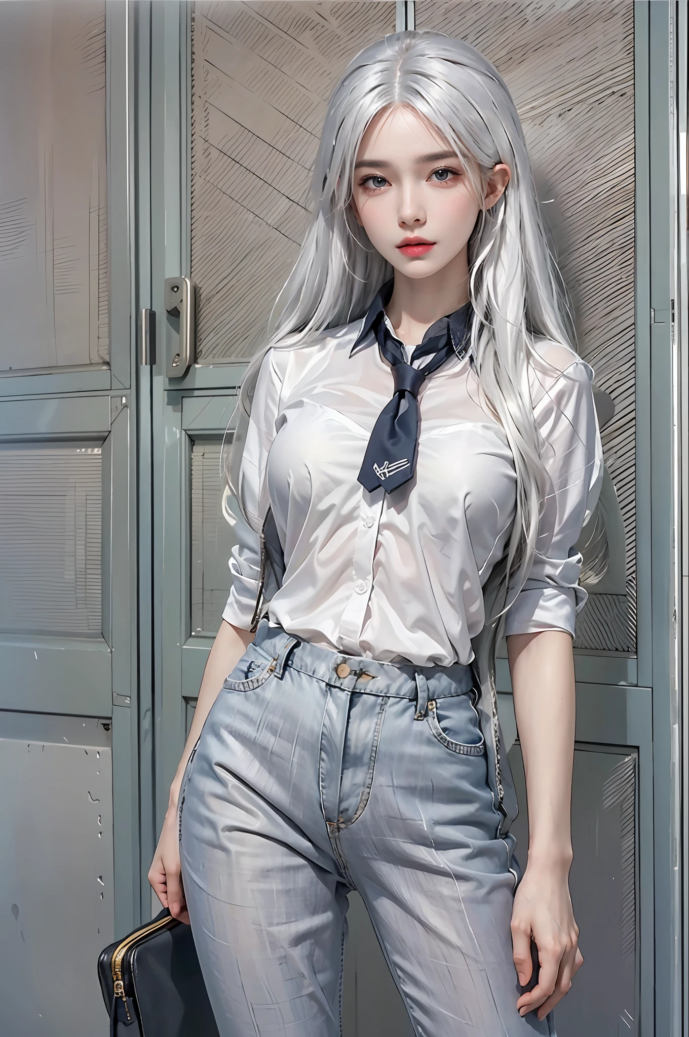 photorealistic, high resolution, 1women, solo, hips up, look at viewer, (detailed face), white hair, long hair, school uniform