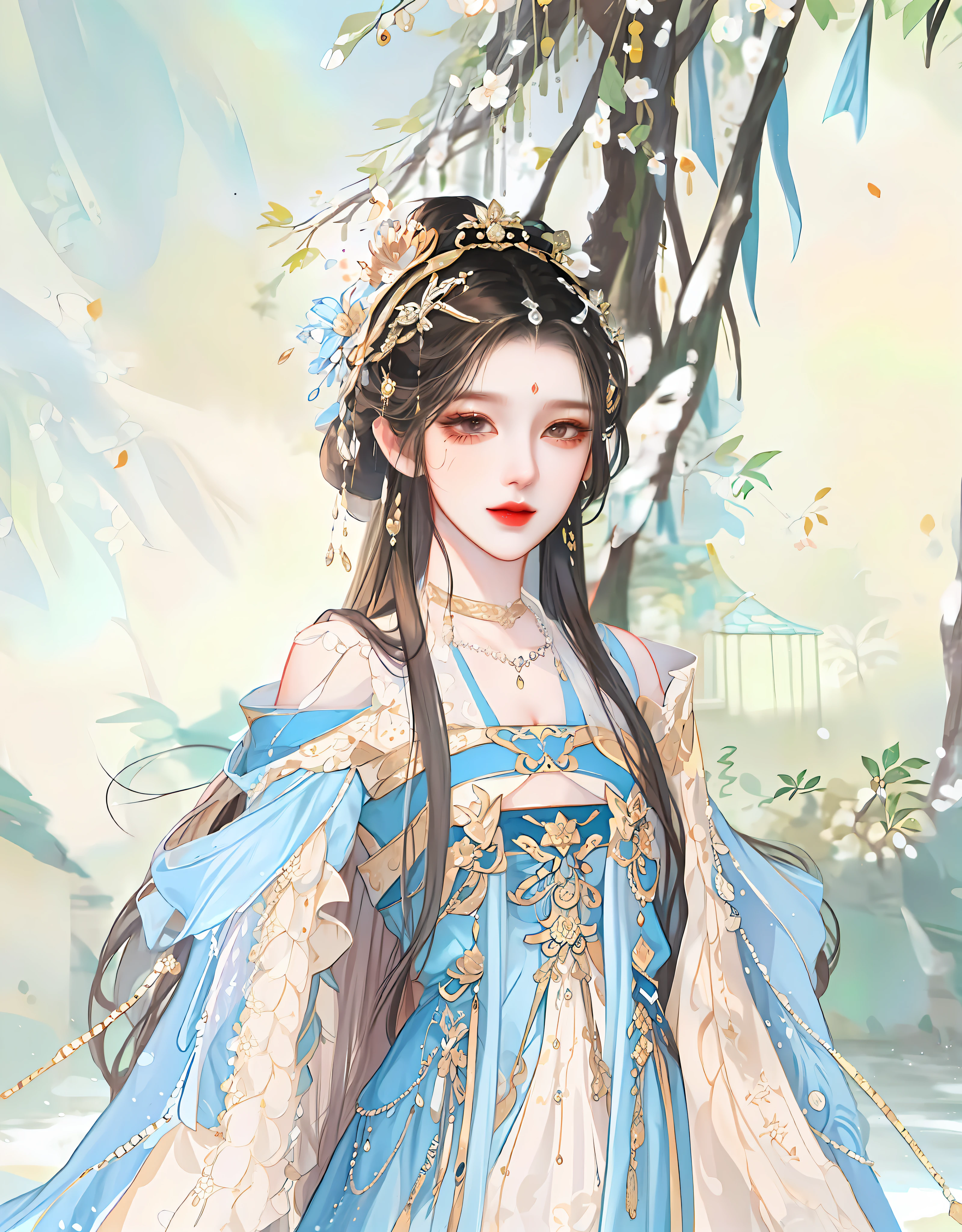 There is one wearing a blue dress，Woman with a crown on her head, a beautiful fantasy empress, ((a beautiful fantasy empress)), Palace ， A girl in Hanfu, Inspired by Lan Ying, Beautiful character painting, Inspired by Qiu Ying, Inspired by Huang Ji, inspired by Du Qiong, G Liulian art style, A beautiful artwork illustration